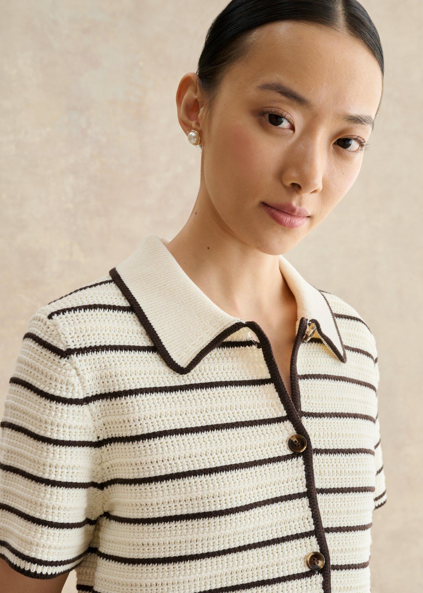 Alderton Cotton Short Sleeve Striped Crochet Shirt, Ivory Brown, hi-res