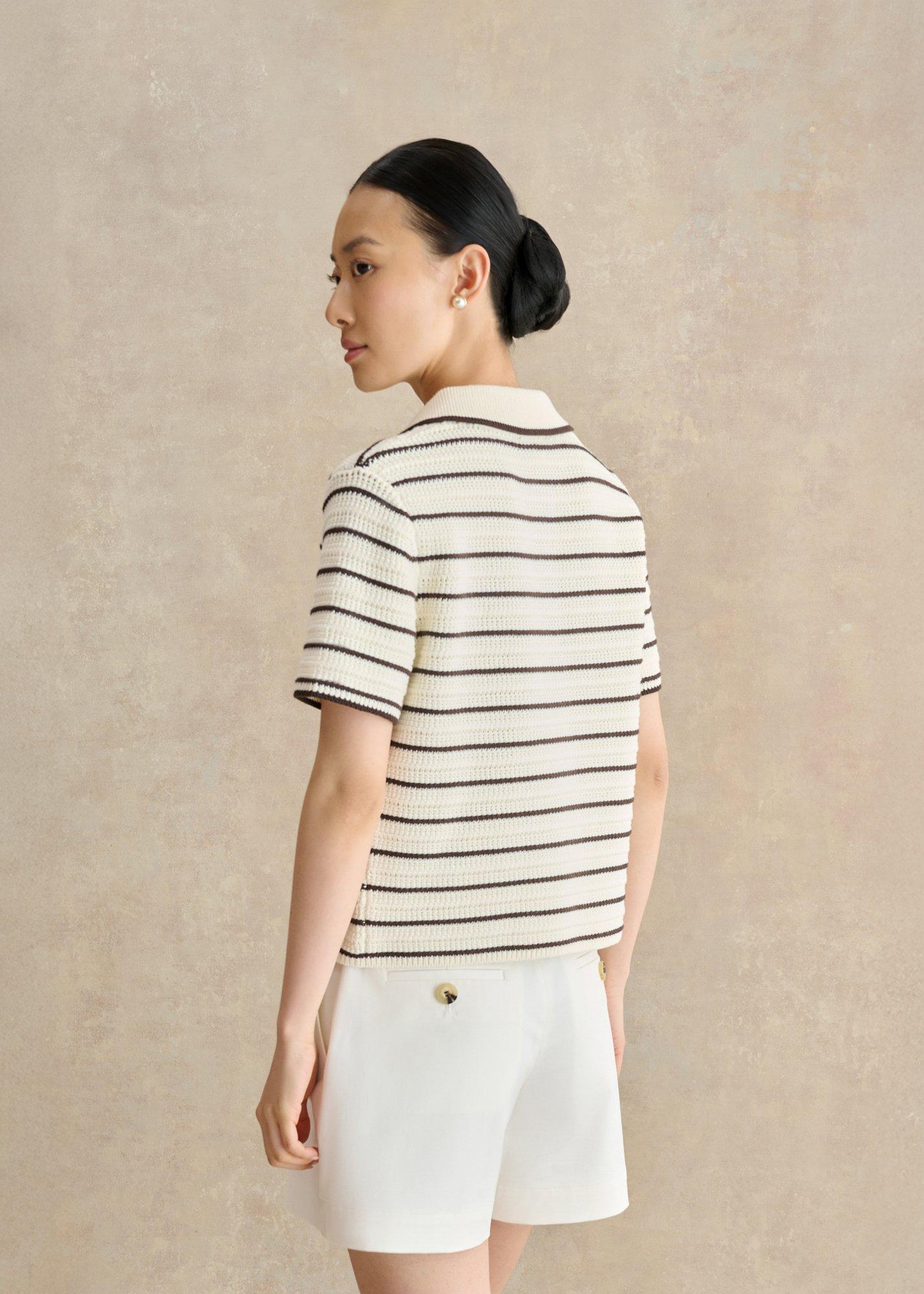 Alderton Cotton Short Sleeve Striped Crochet Shirt, Ivory Brown, hi-res