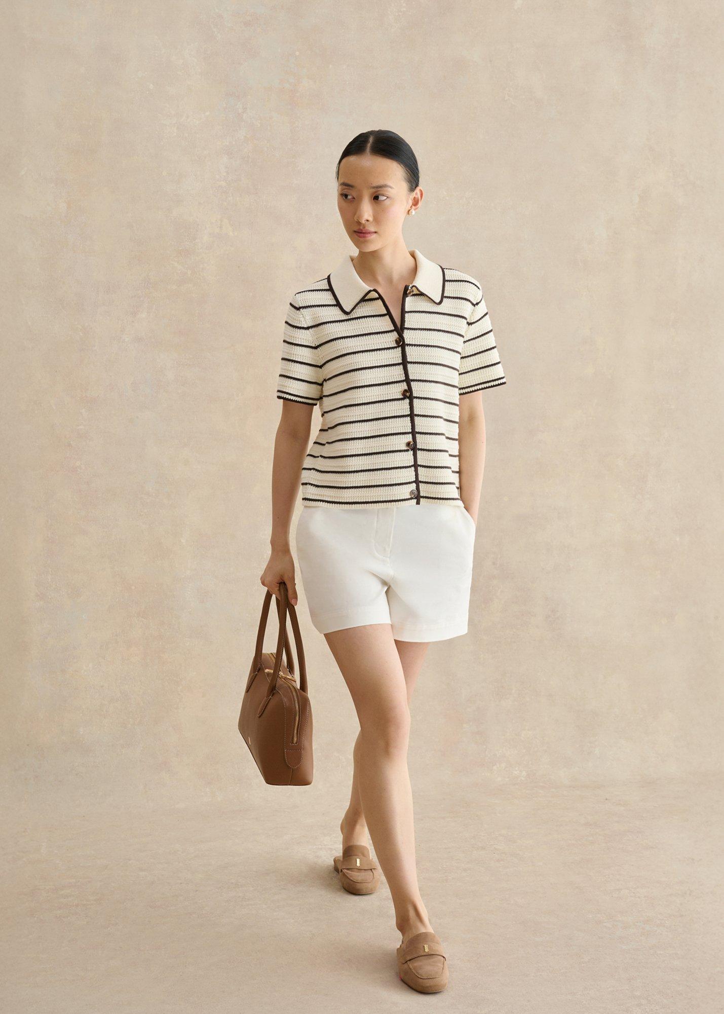 Alderton Cotton Short Sleeve Striped Crochet Shirt, Ivory Brown, hi-res