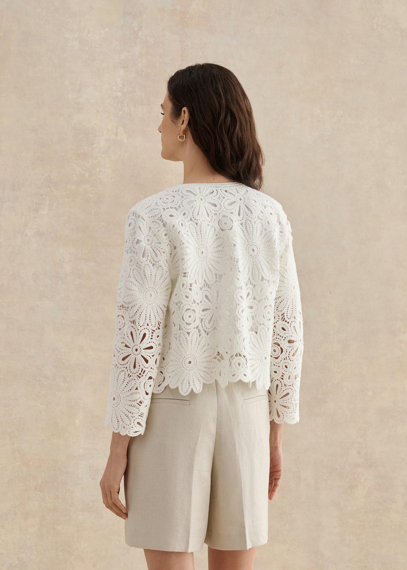 Syon Cotton Crochet Knitted Jacket, Ivory, hi-res