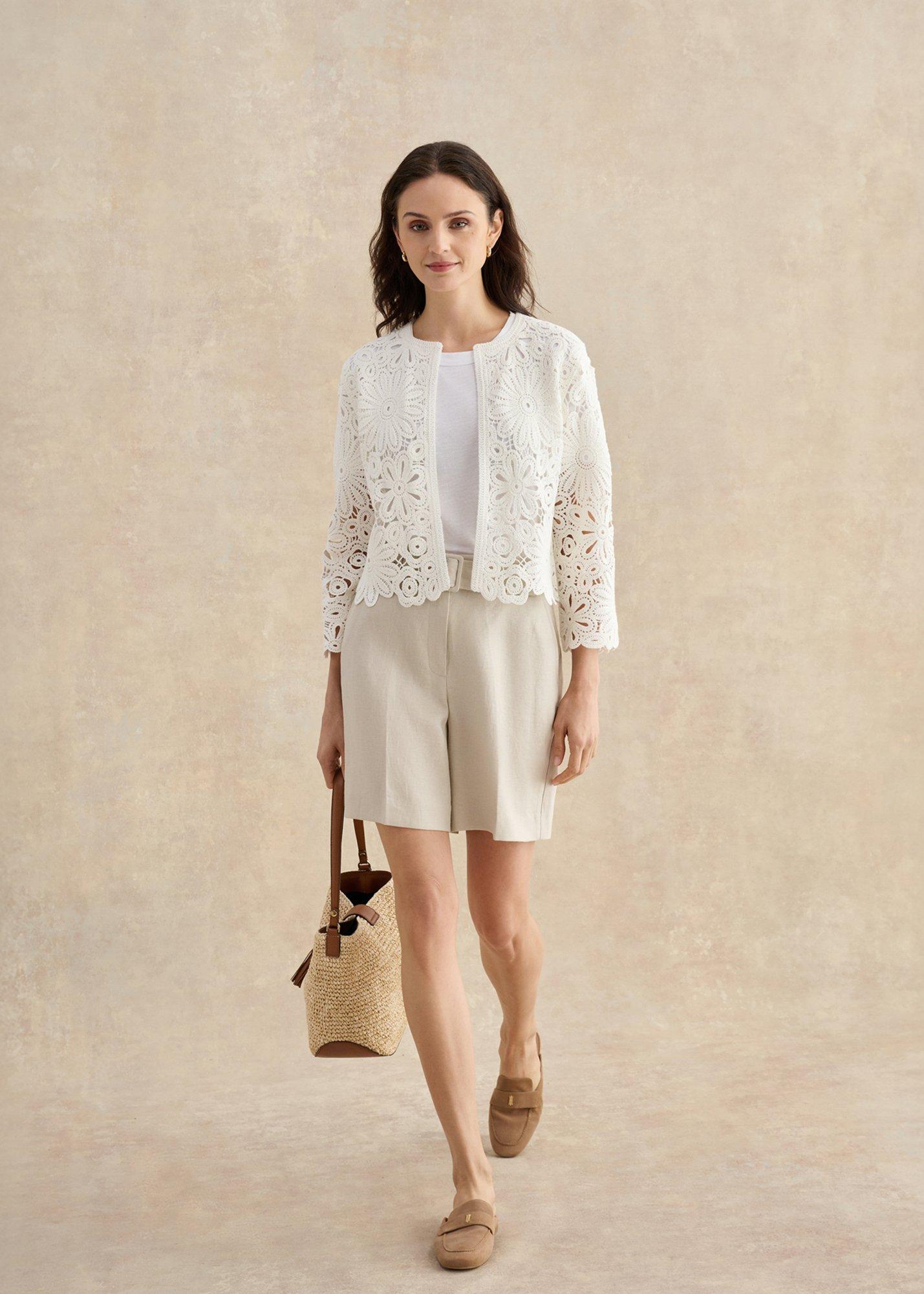 Syon Cotton Crochet Knitted Jacket, Ivory, hi-res