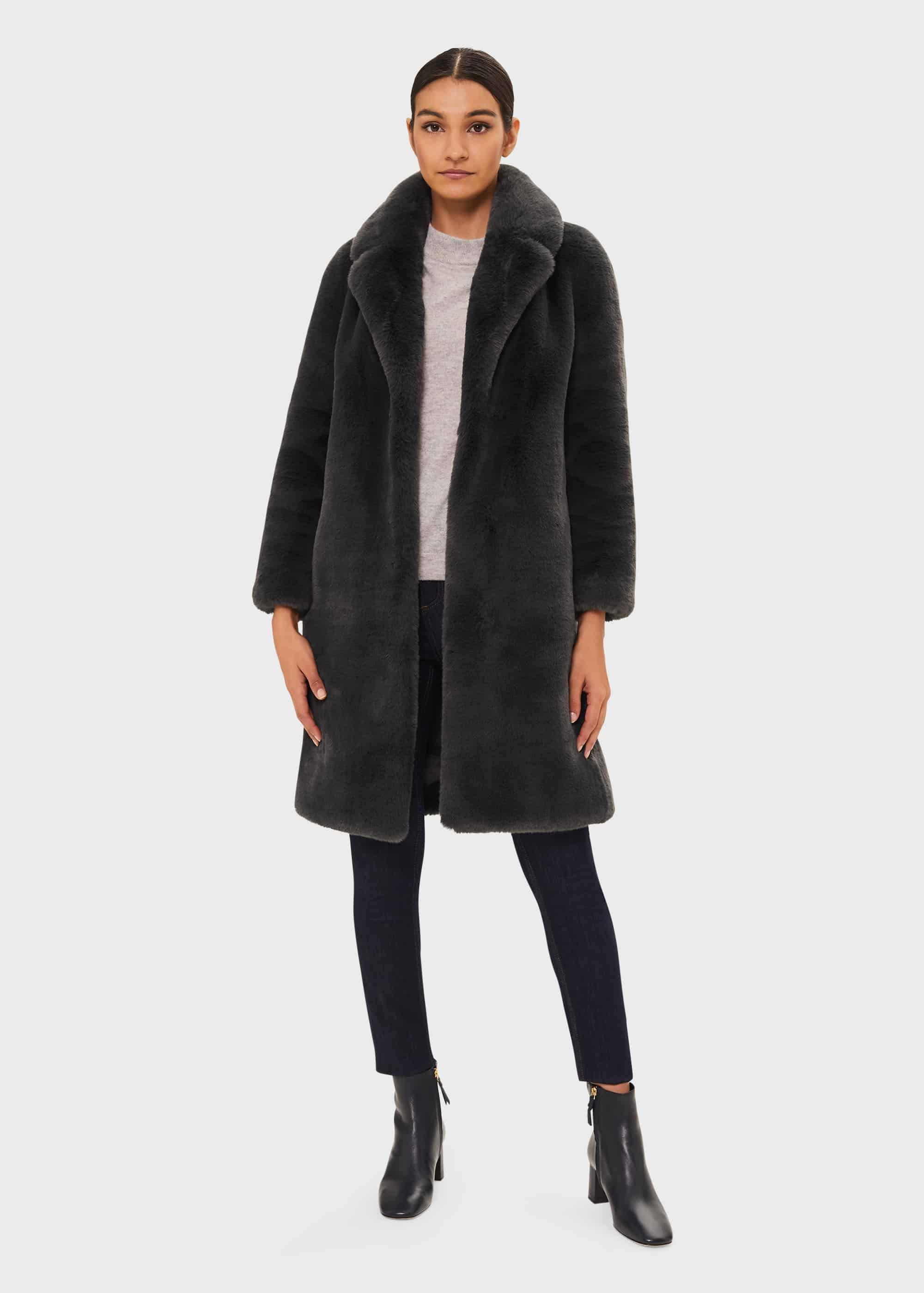 Georgia Faux Fur Collar Coat, Charcoal, hi-res