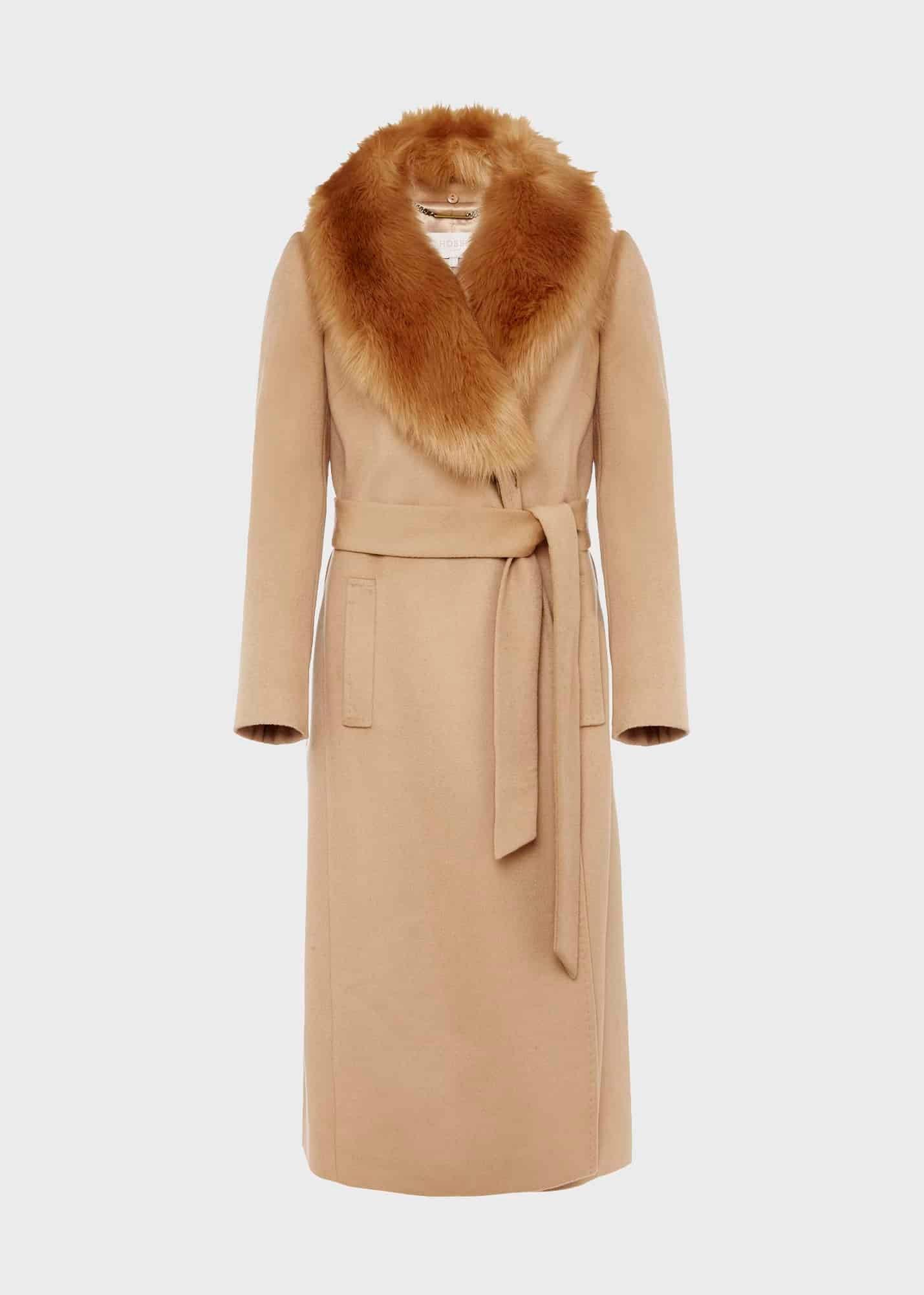 Fleur Wool Coat With Faux Fur Collar, Camel, hi-res