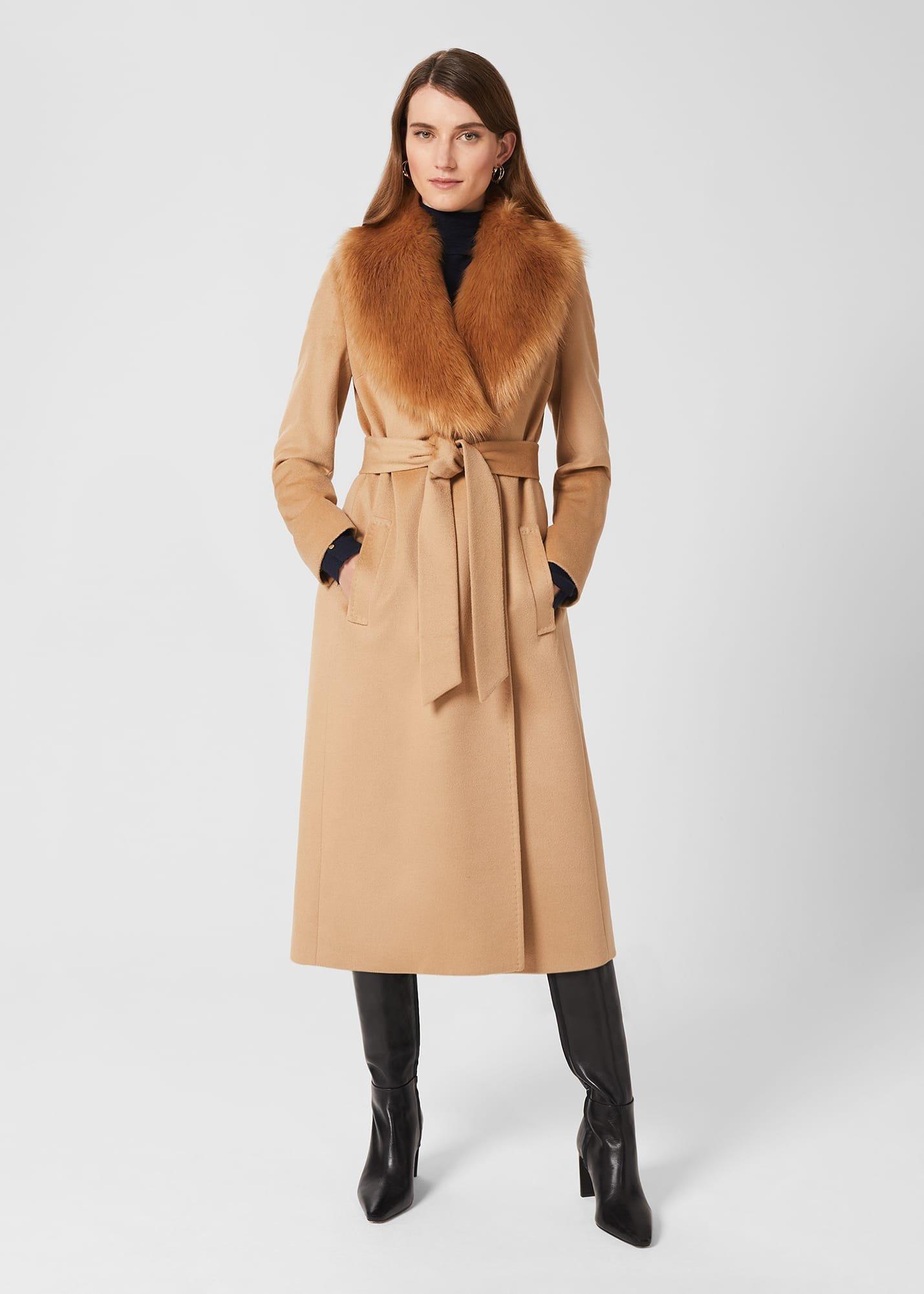 Fleur Wool Coat With Faux Fur Collar, Camel, hi-res