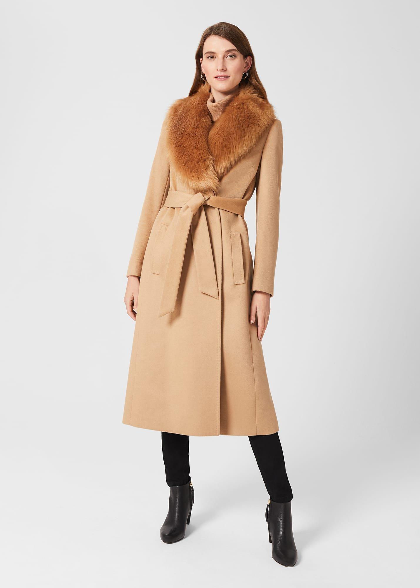 Fleur Wool Coat With Faux Fur Collar, Camel, hi-res