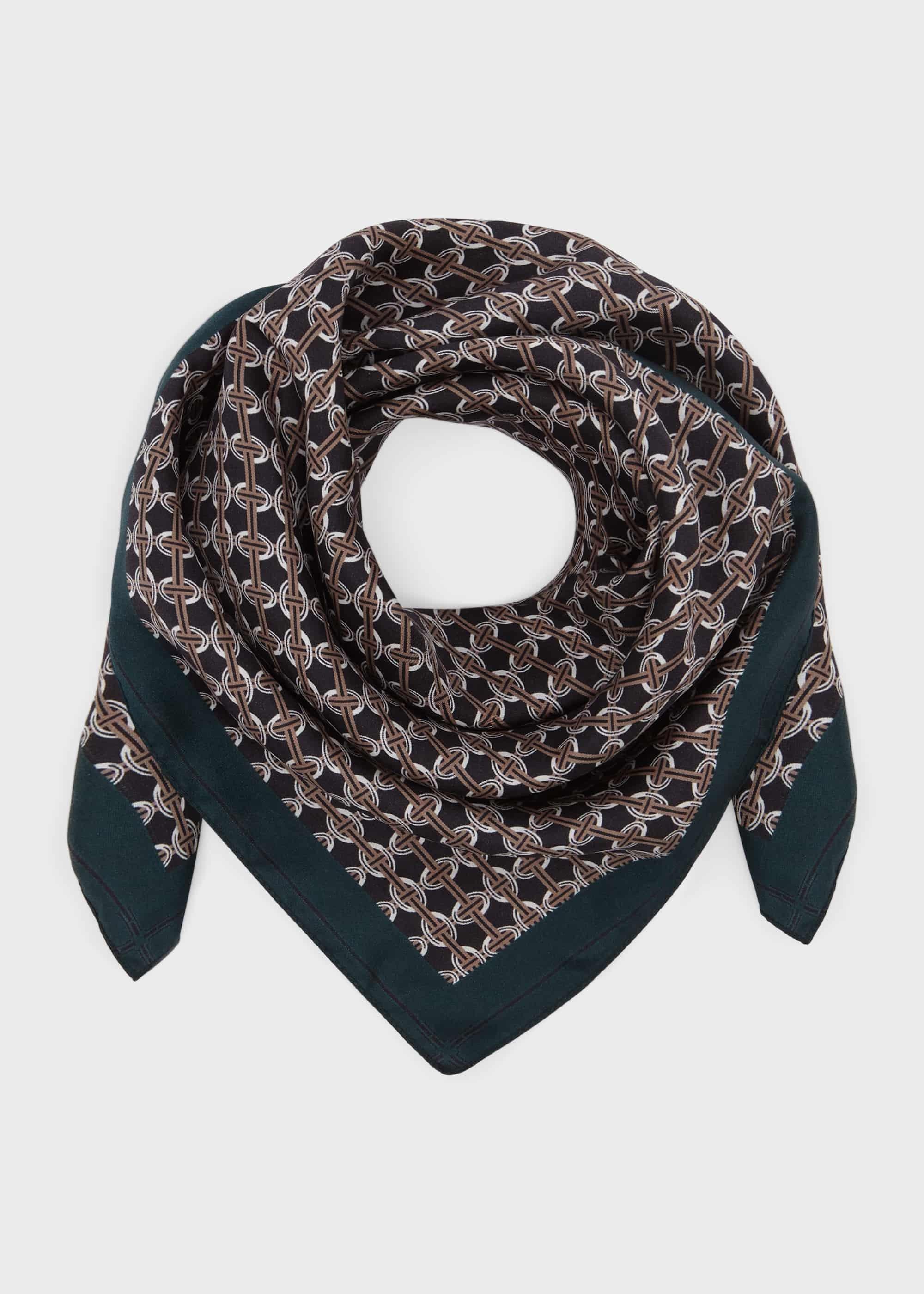 Alison Silk Geo Scarf, Navy Leaf Green, hi-res