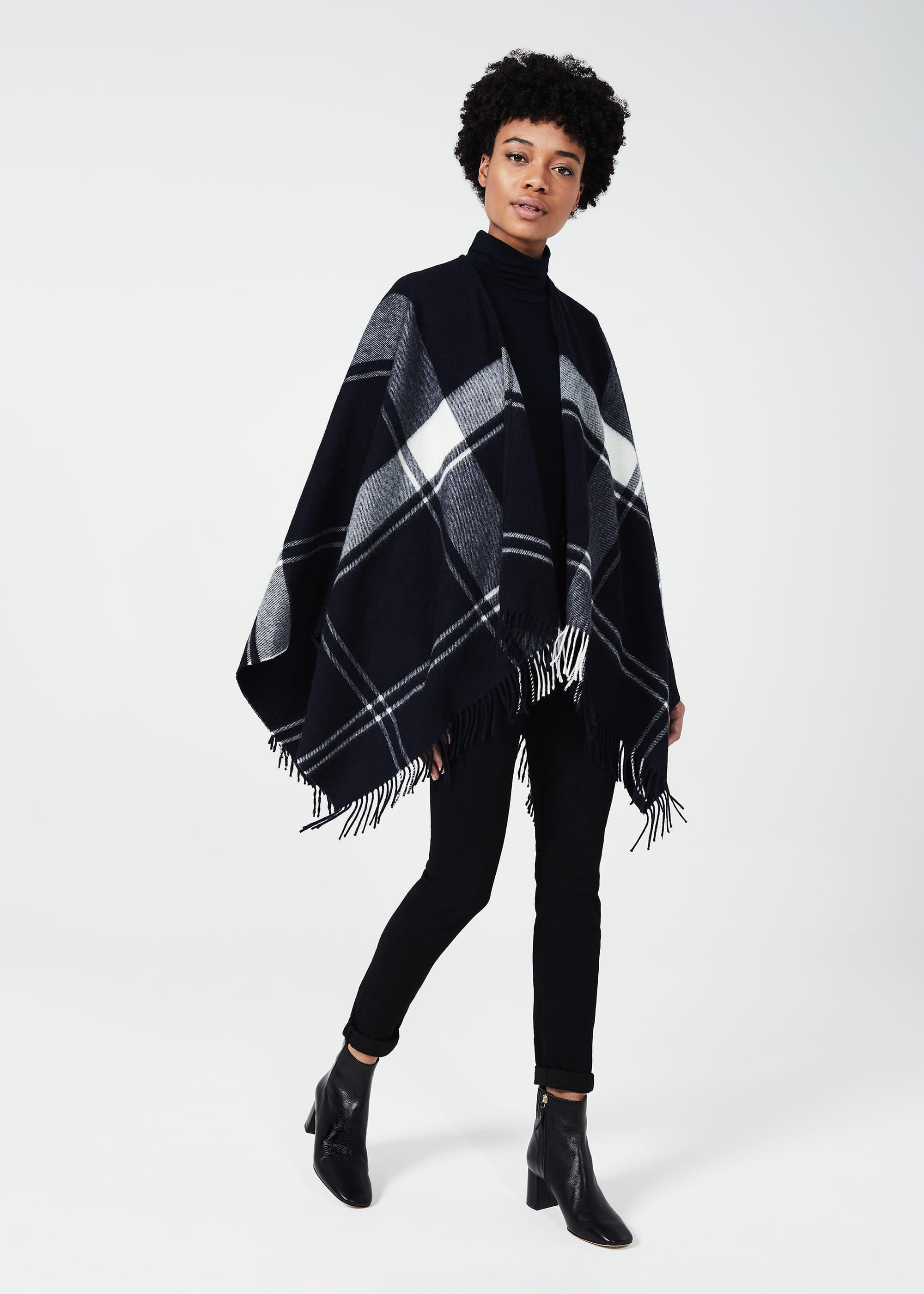 Lori Wool Check Cape, Navy Ivory, hi-res