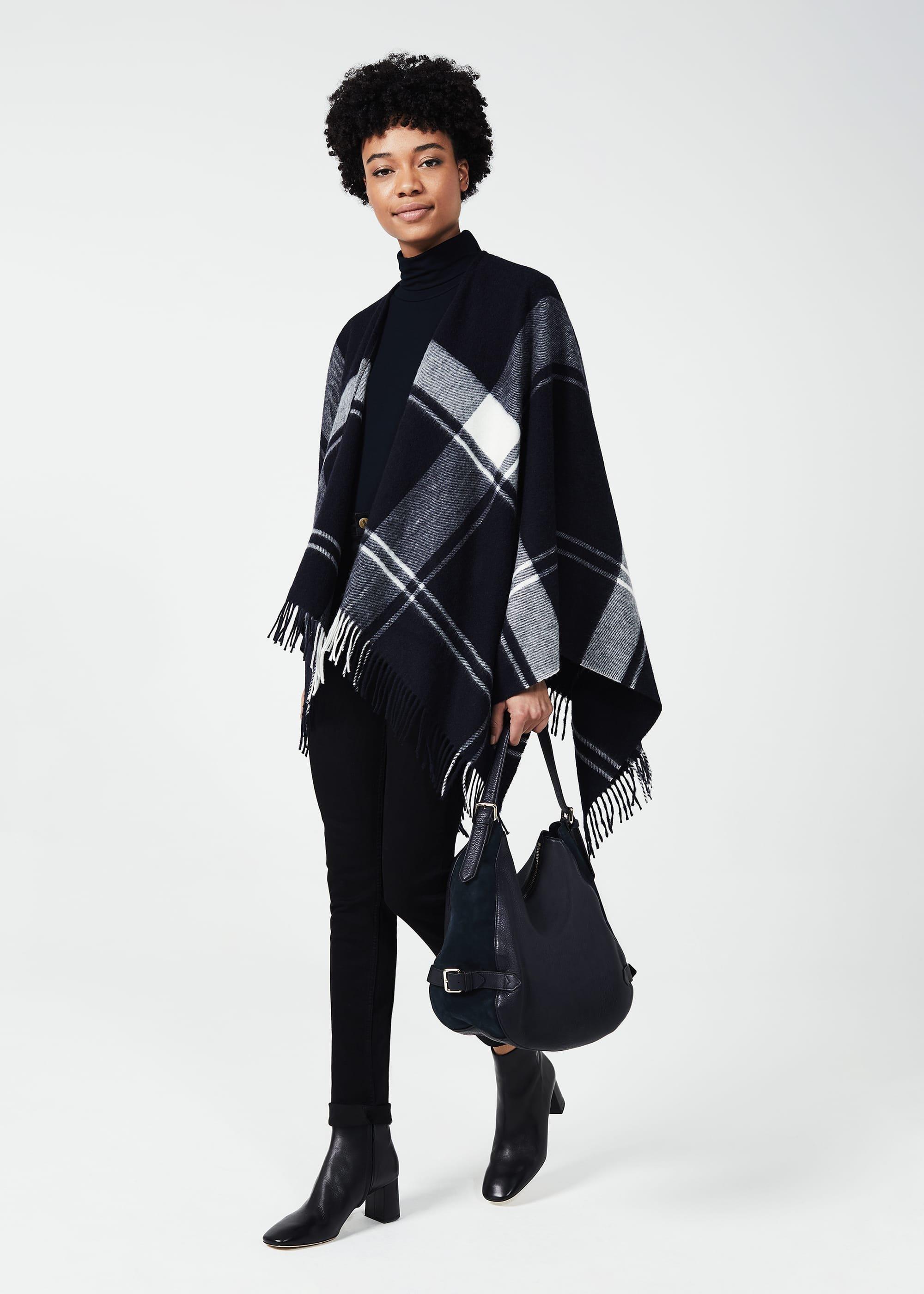 Lori Wool Check Cape, Navy Ivory, hi-res