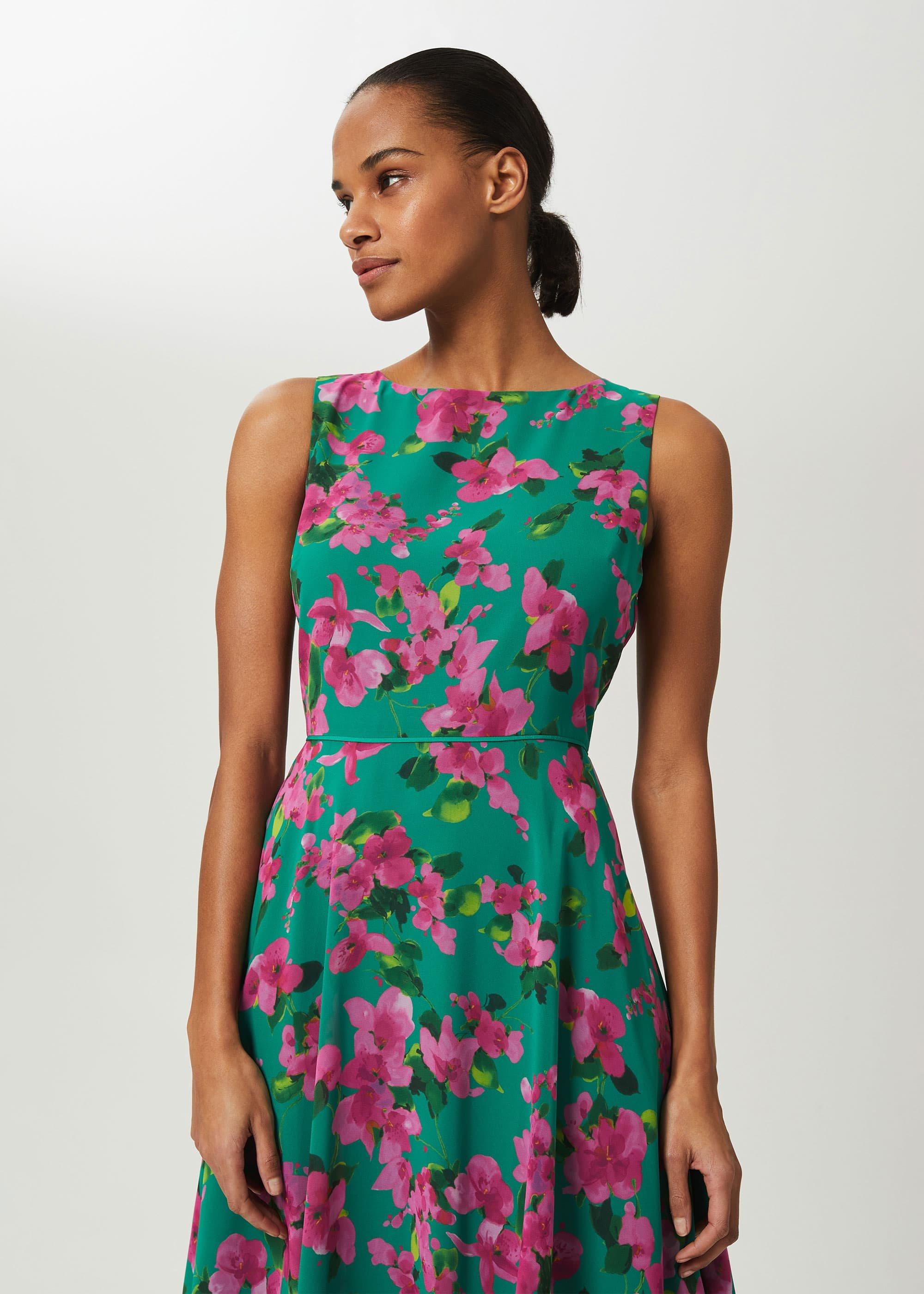Carly Floral Midi Dress, Fld Grn Fschia, hi-res