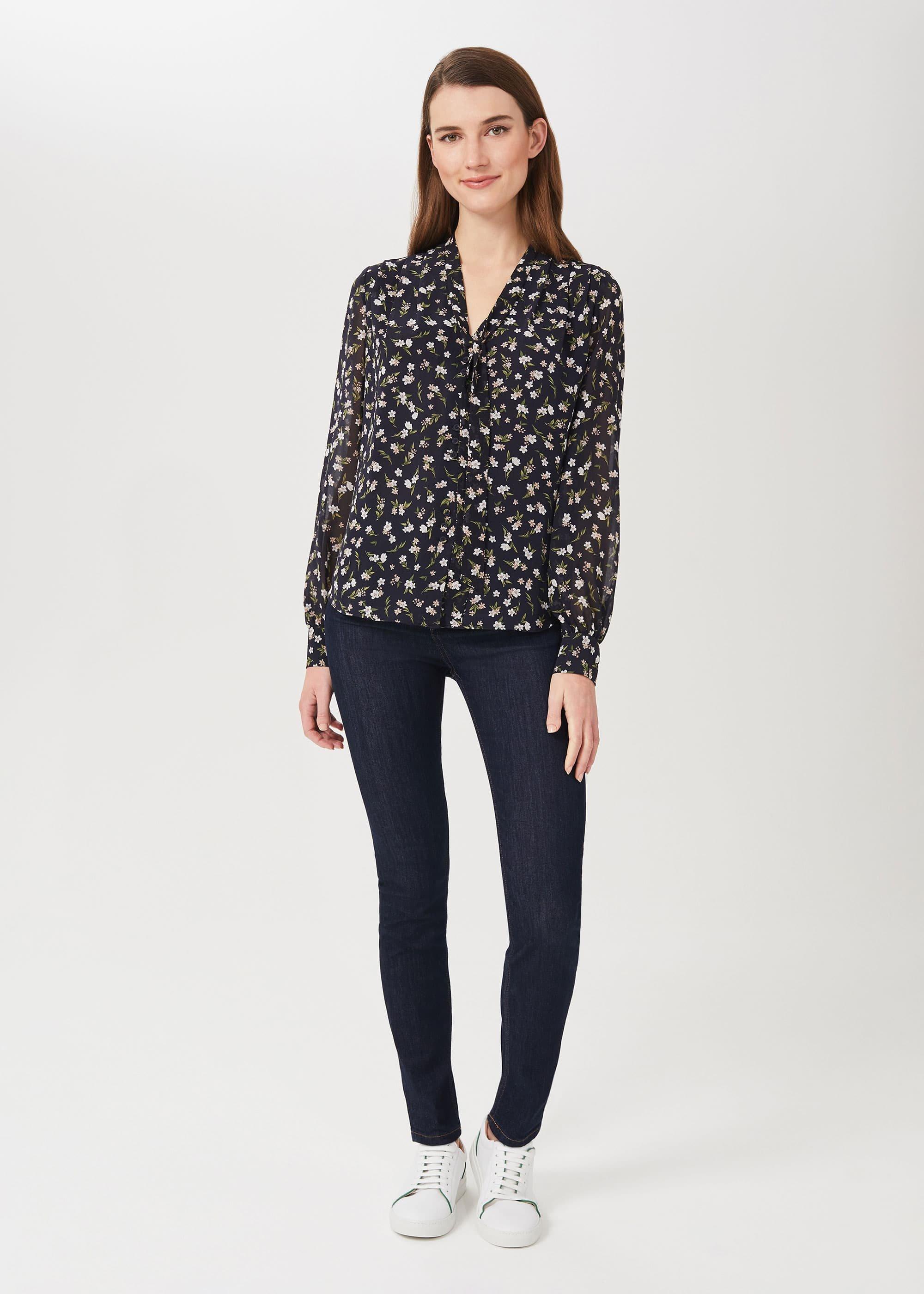 Mali Floral V Neck Blouse, Navy Ivory, hi-res
