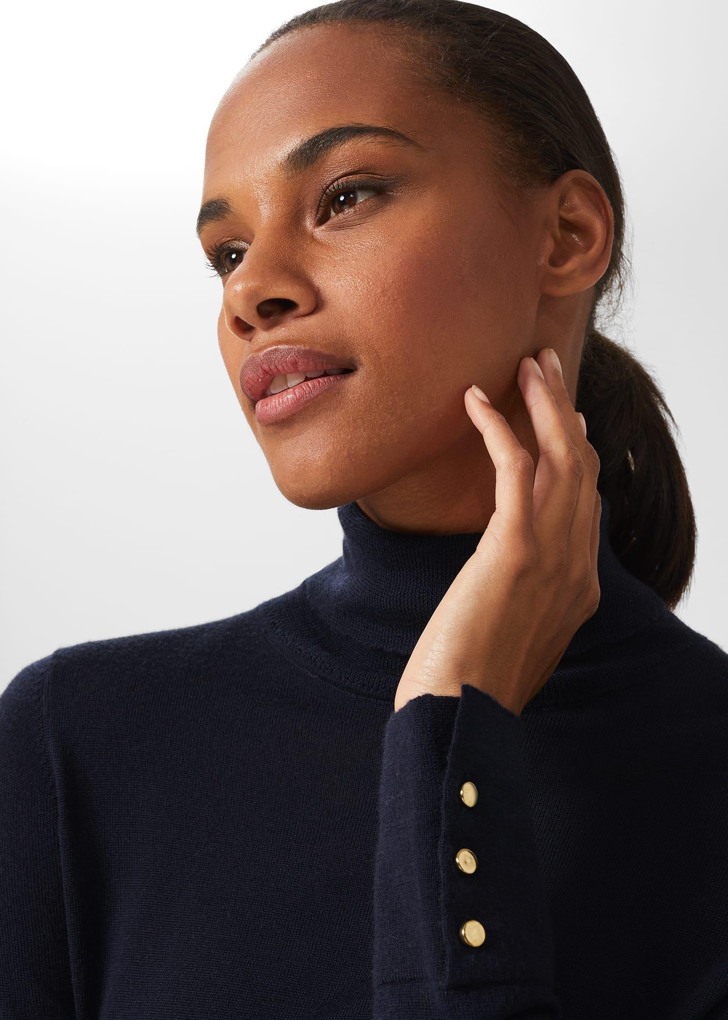 Lara Merino Wool Roll Neck Jumper, Navy, hi-res
