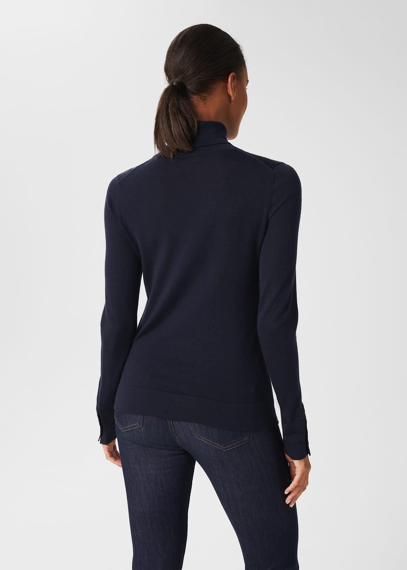 Lara Merino Wool Roll Neck Jumper, Navy, hi-res