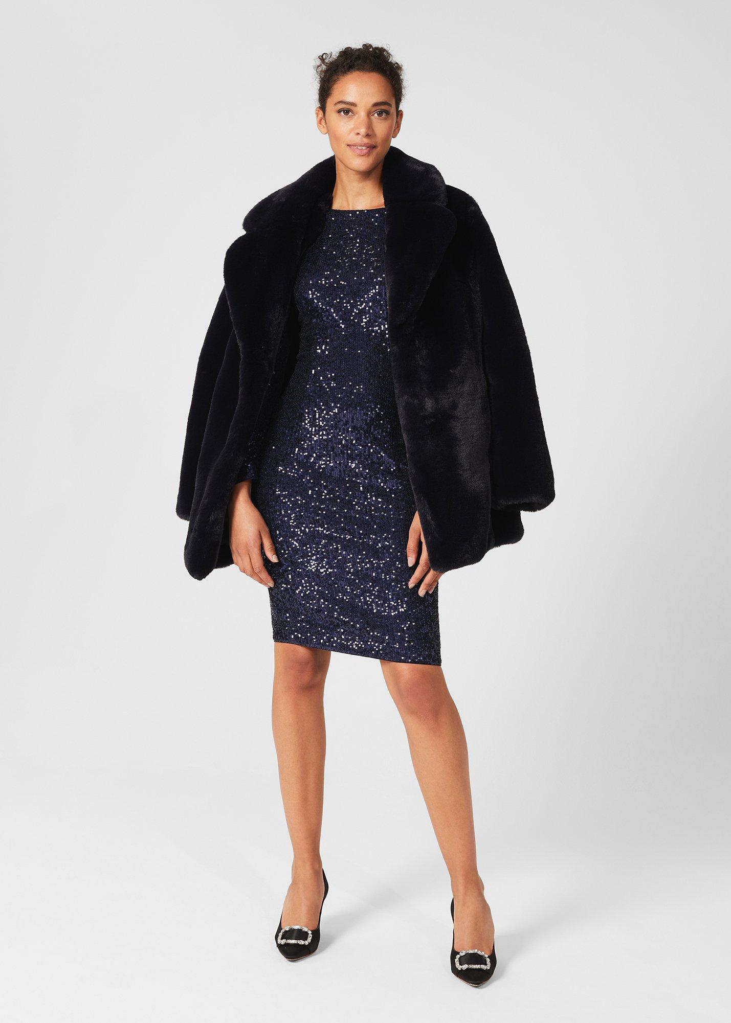 Briony Faux Fur Coat, Navy Blue, hi-res