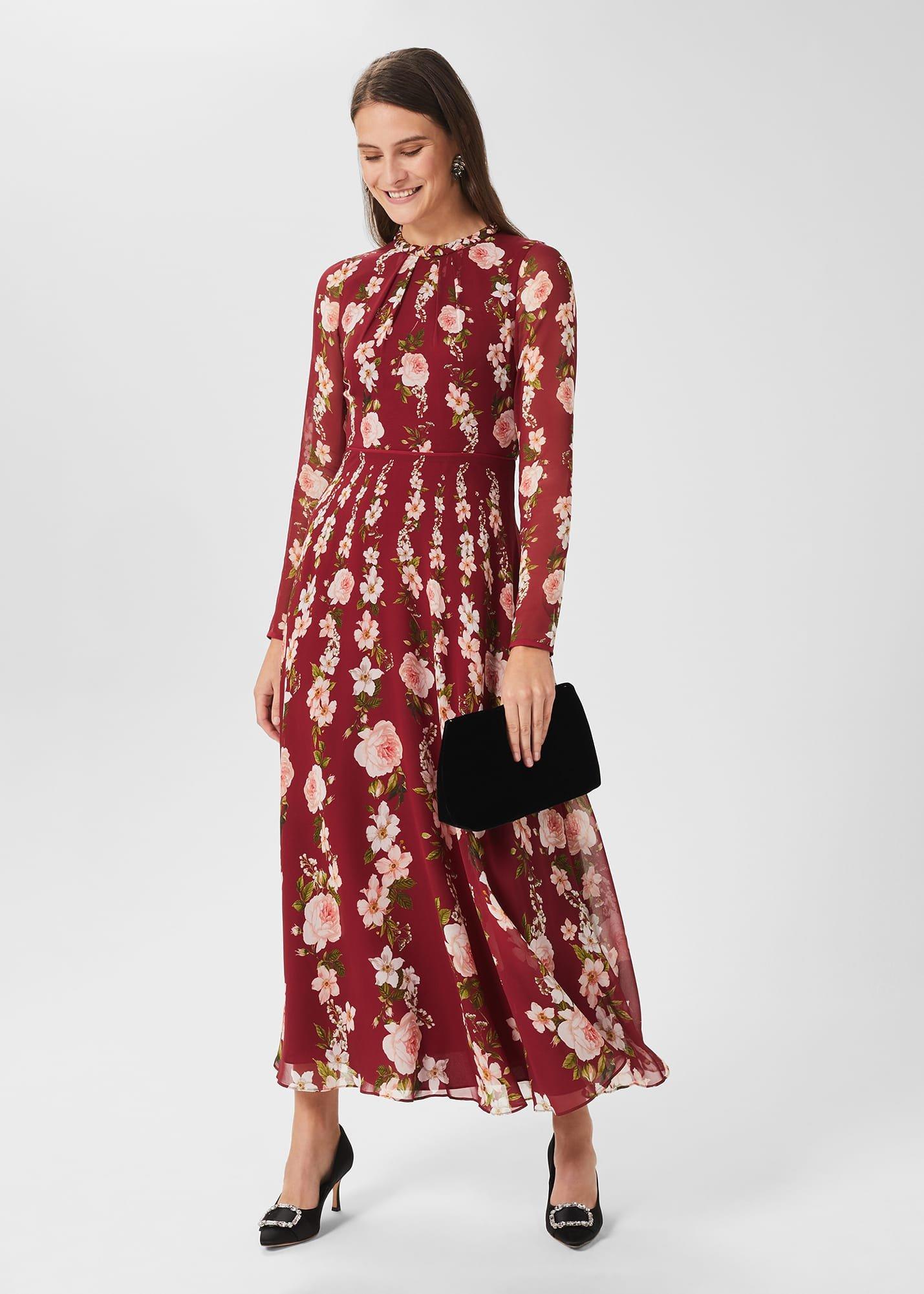 Rosabelle Silk Floral Dress, Burgundy Multi, hi-res