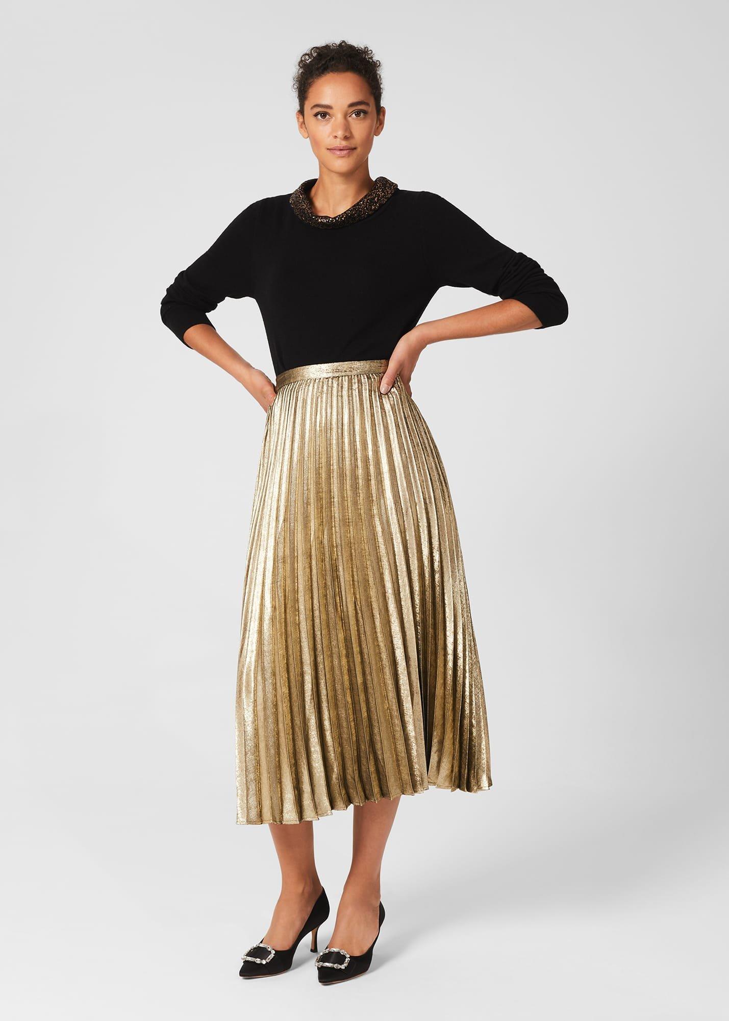 Annabella Midi Pleated Skirt, Gold, hi-res