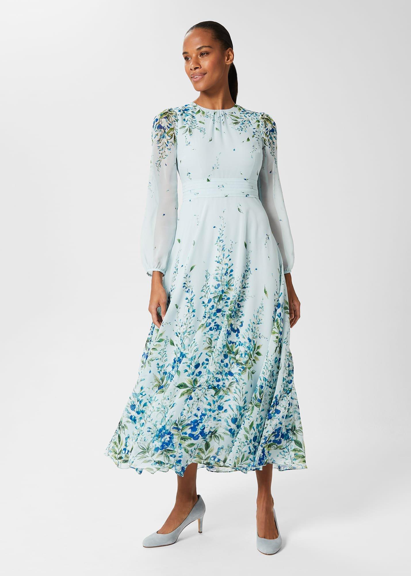 Giselle Silk Floral Dress, Pale Blue Multi, hi-res