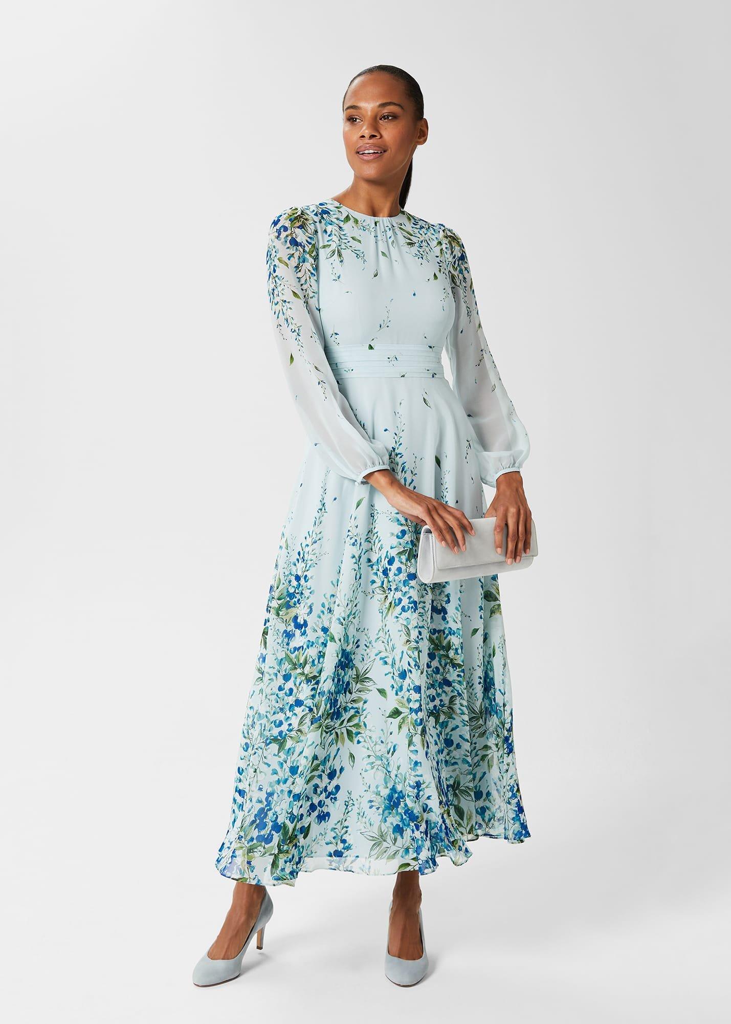 Giselle Silk Floral Dress, Pale Blue Multi, hi-res