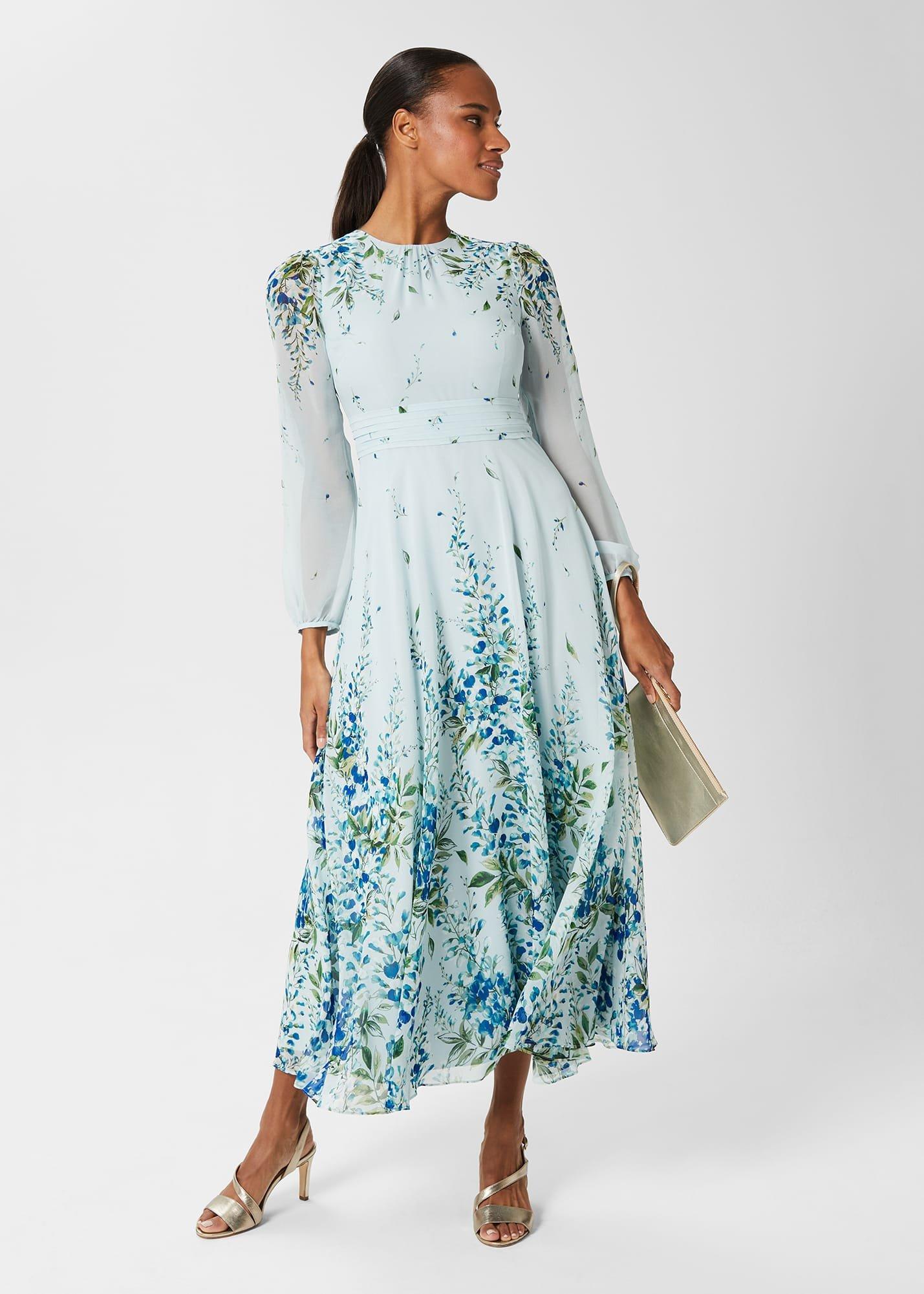 Giselle Silk Floral Dress, Pale Blue Multi, hi-res