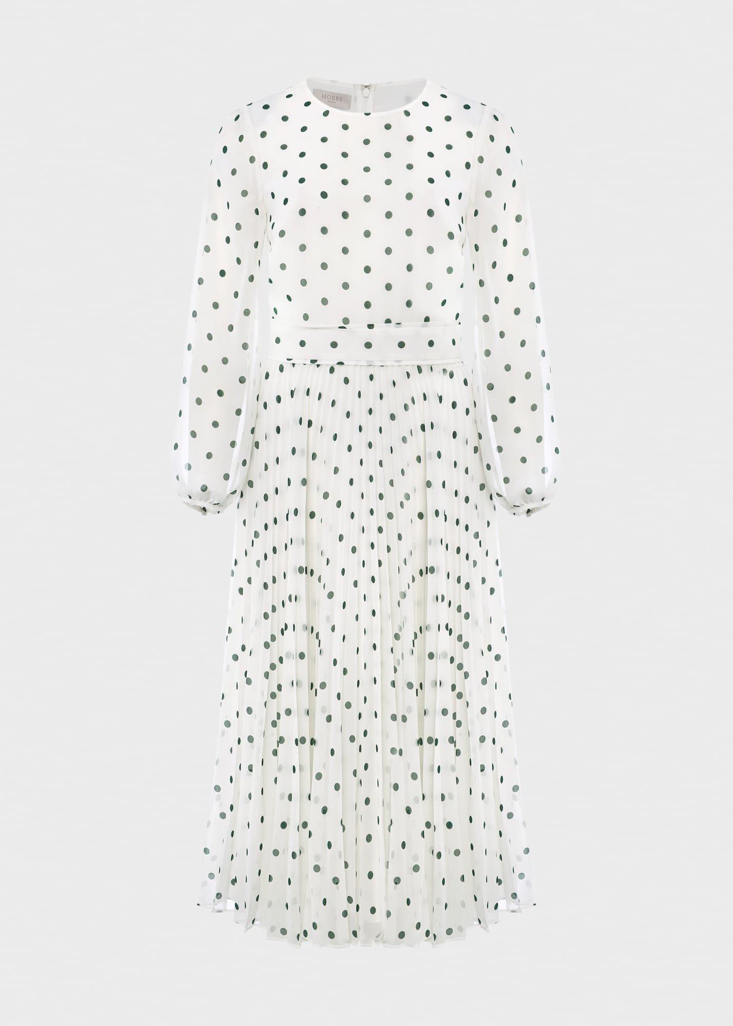 Selena Spot Pleated Dress, Ivory Green, hi-res