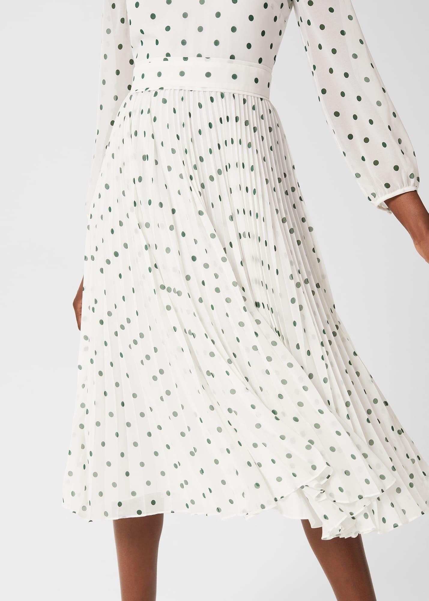 Selena Spot Pleated Dress, Ivory Green, hi-res