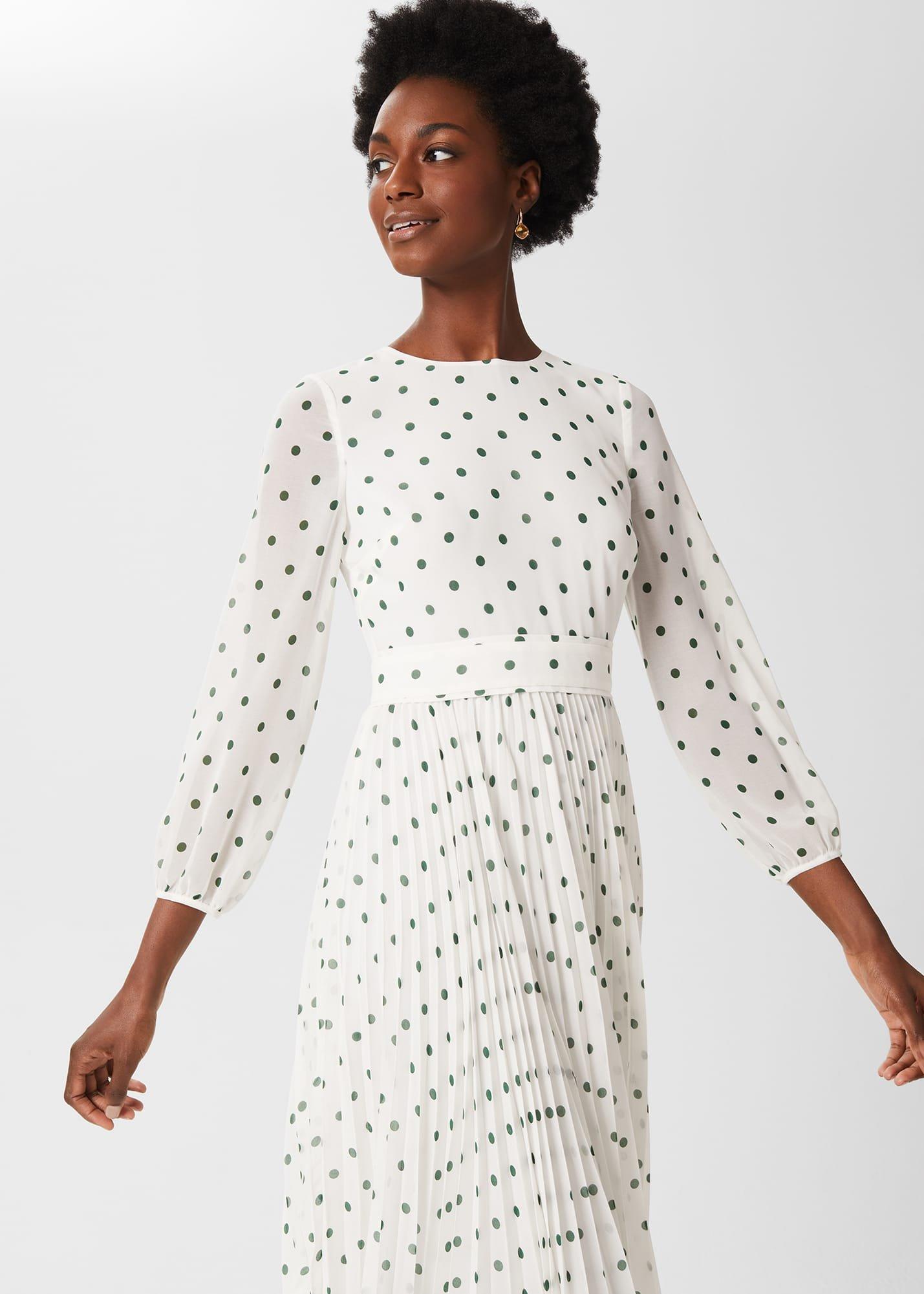 Selena Spot Pleated Dress, Ivory Green, hi-res