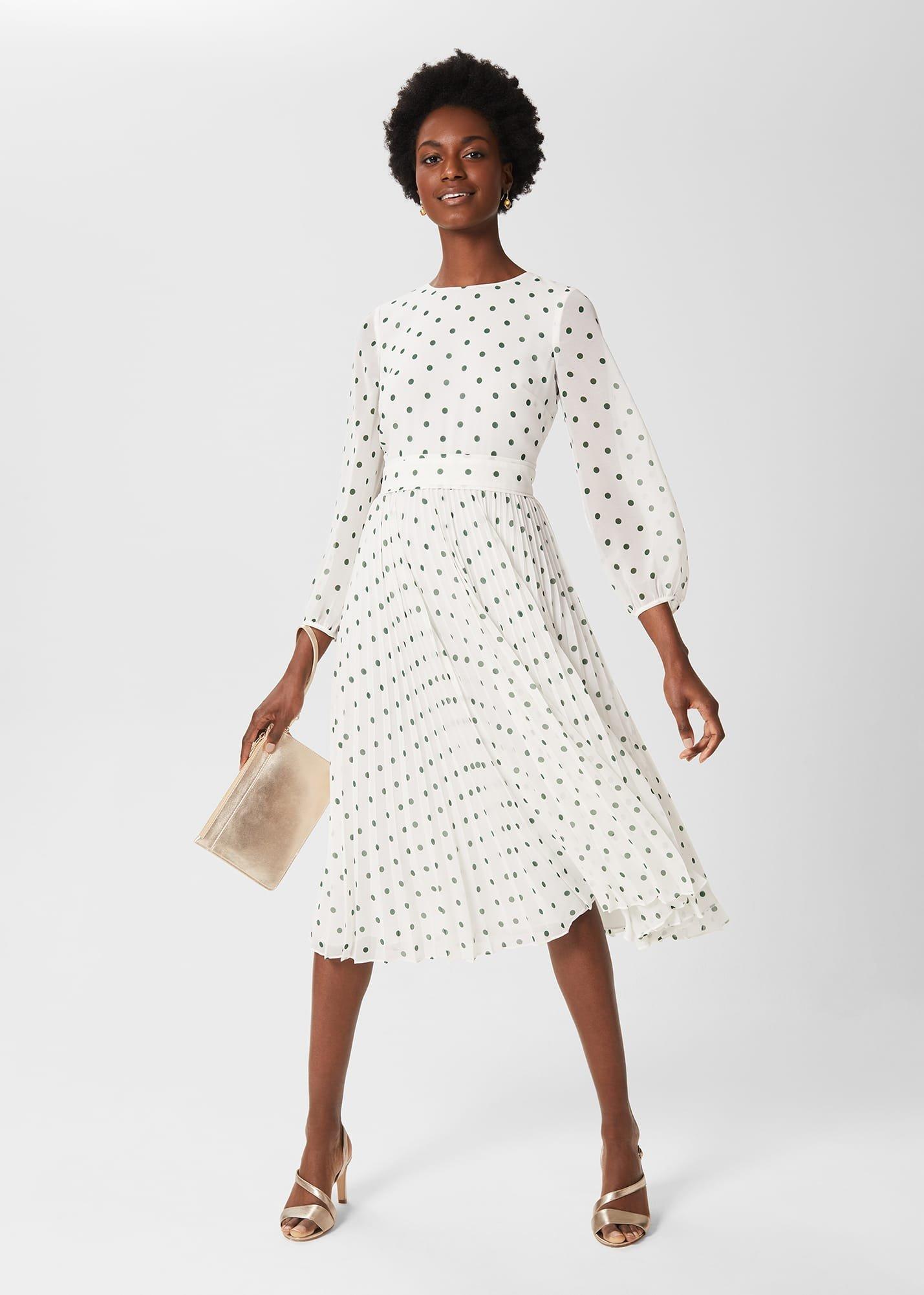 Selena Spot Pleated Dress, Ivory Green, hi-res