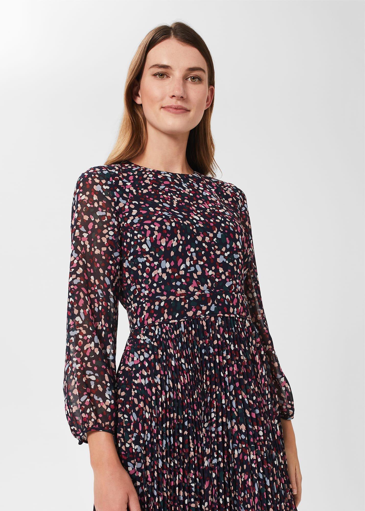 Selena Pleated Dress, Navy Multi, hi-res