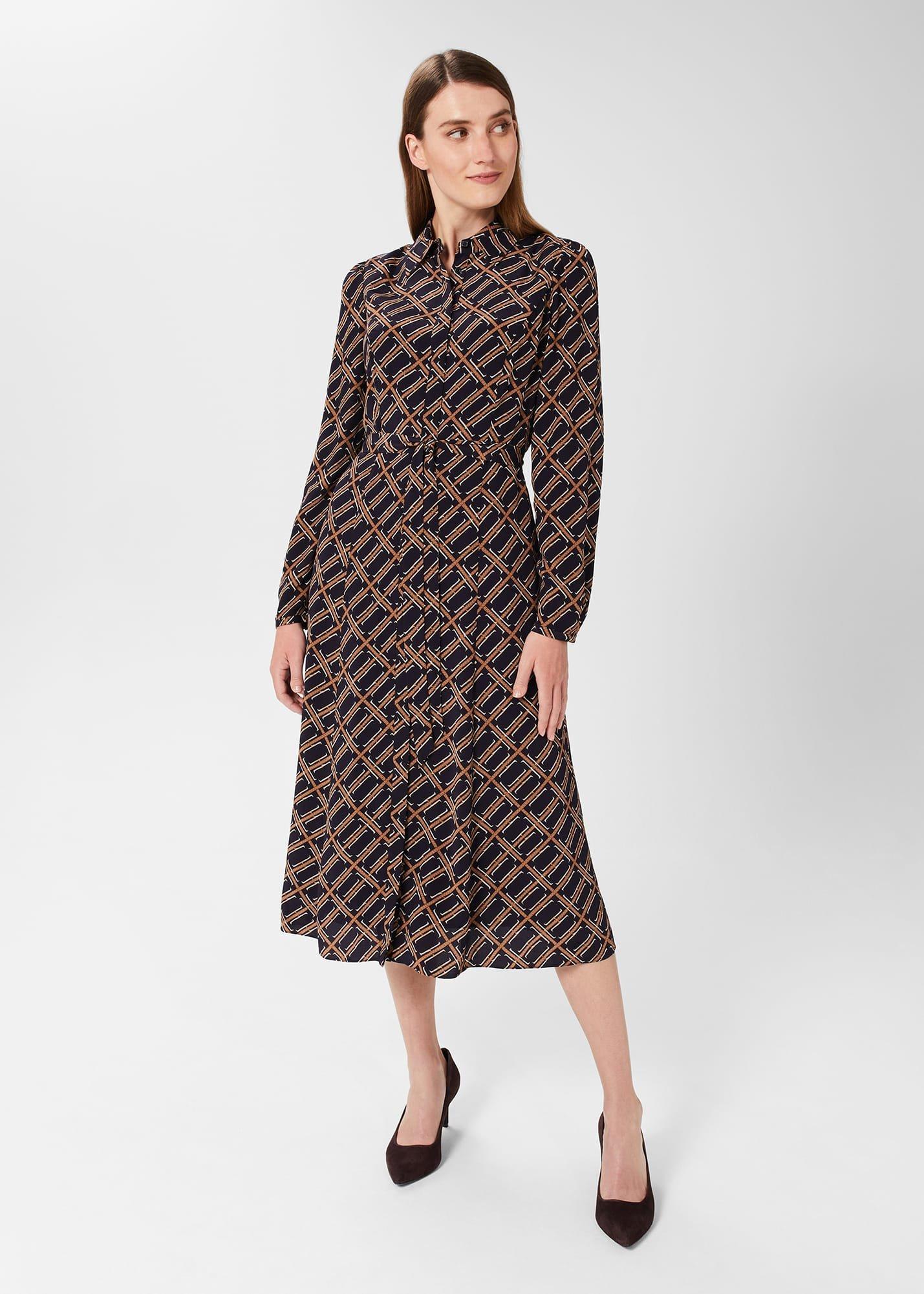 Savannah Belted Fit And Flare Dress , Navy Multi, hi-res