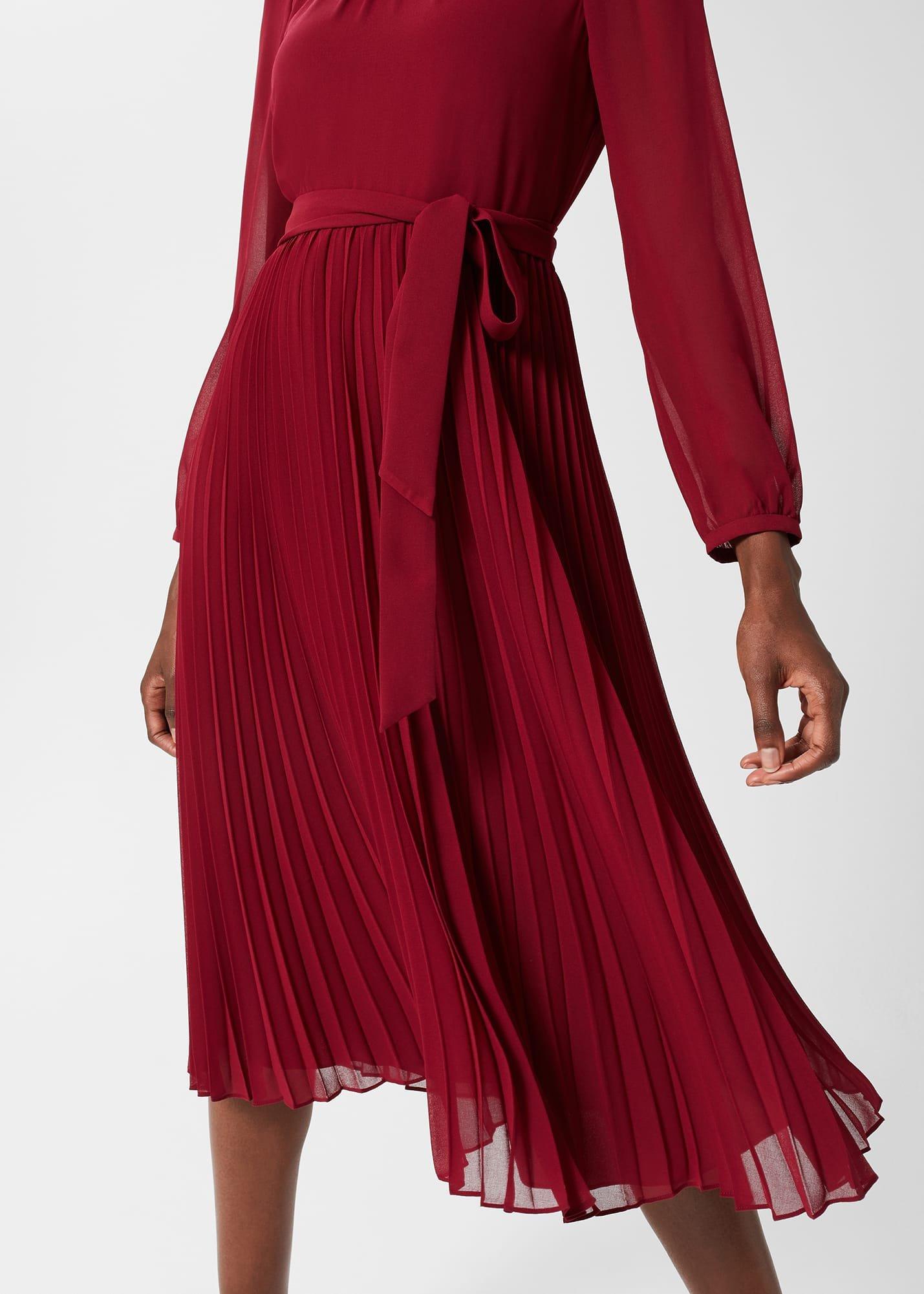 Paulina Pleated Dress, Burgundy, hi-res
