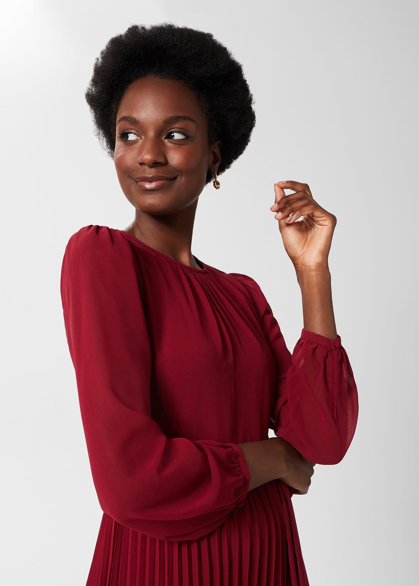 Paulina Pleated Dress, Burgundy, hi-res