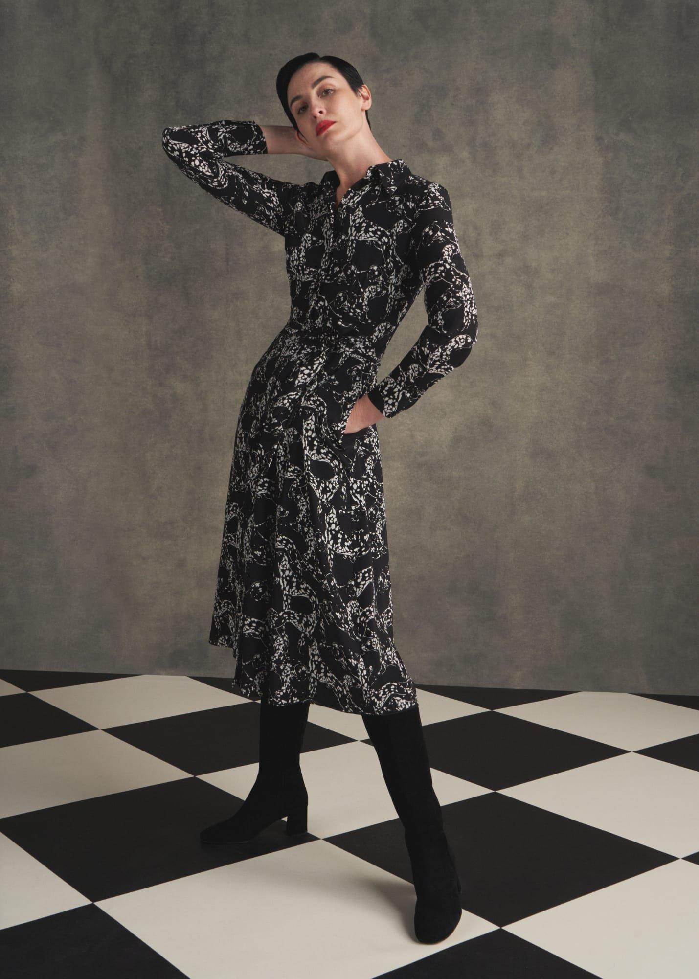 Antonella Silk Dress, Black Ivory, hi-res