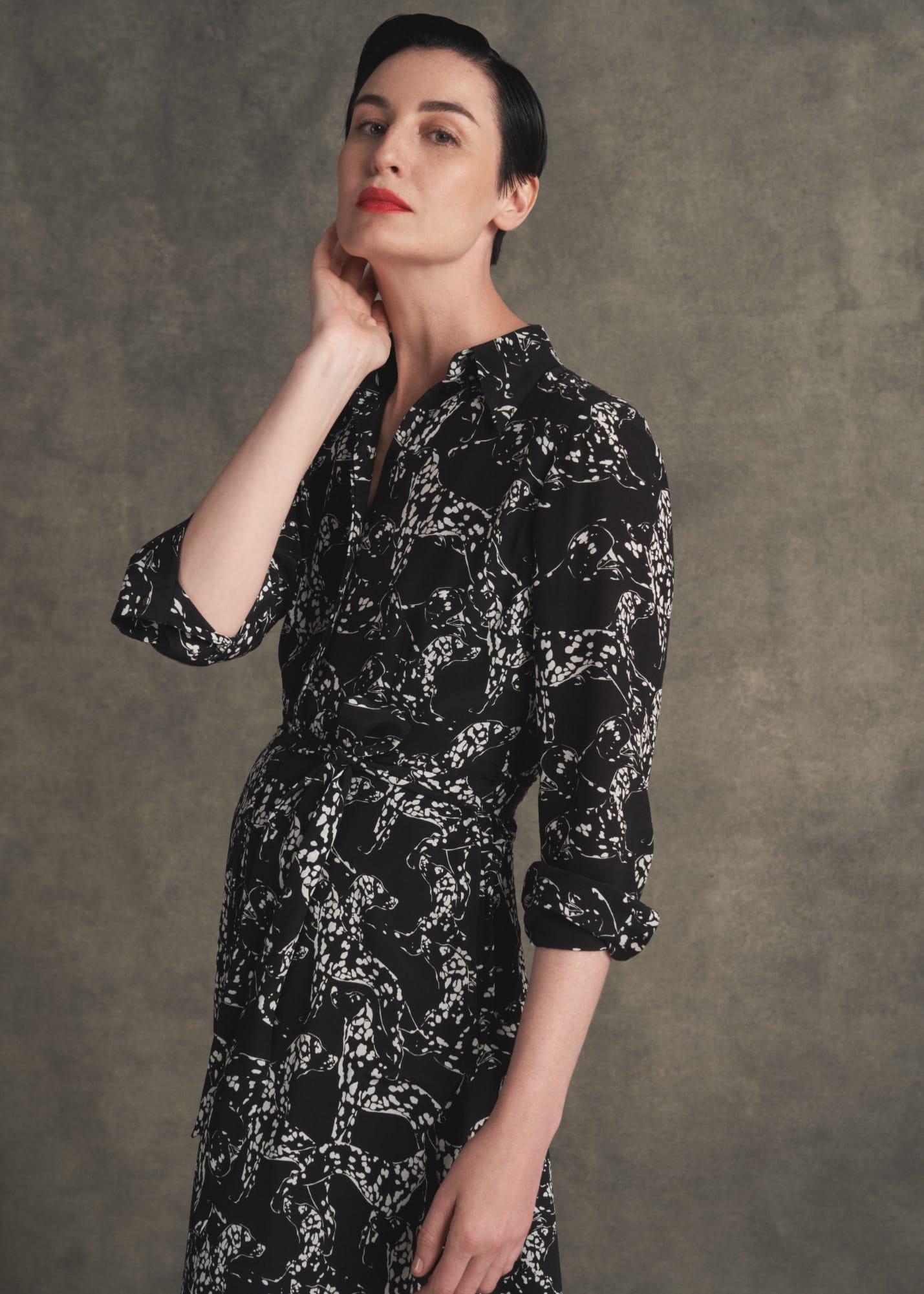 Antonella Silk Dress, Black Ivory, hi-res