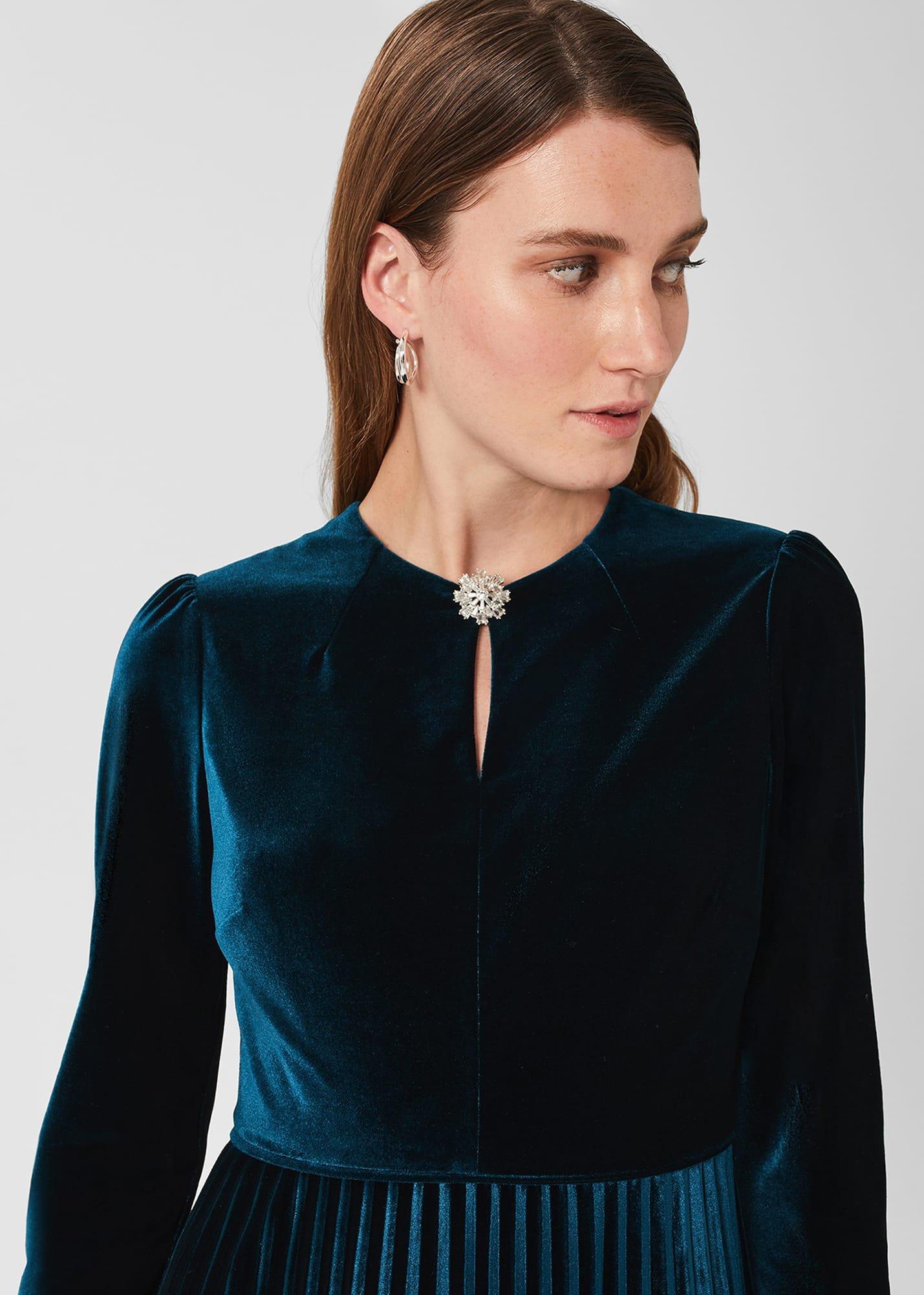 Rosalie Velvet Pleated Dress, Pine Green, hi-res