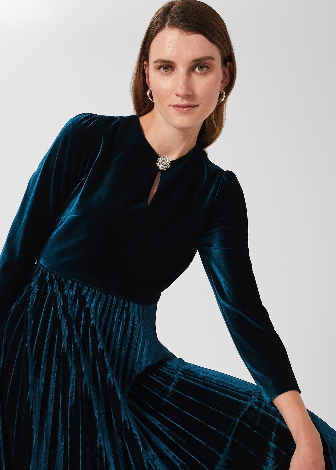 Rosalie Velvet Pleated Dress, Pine Green, hi-res