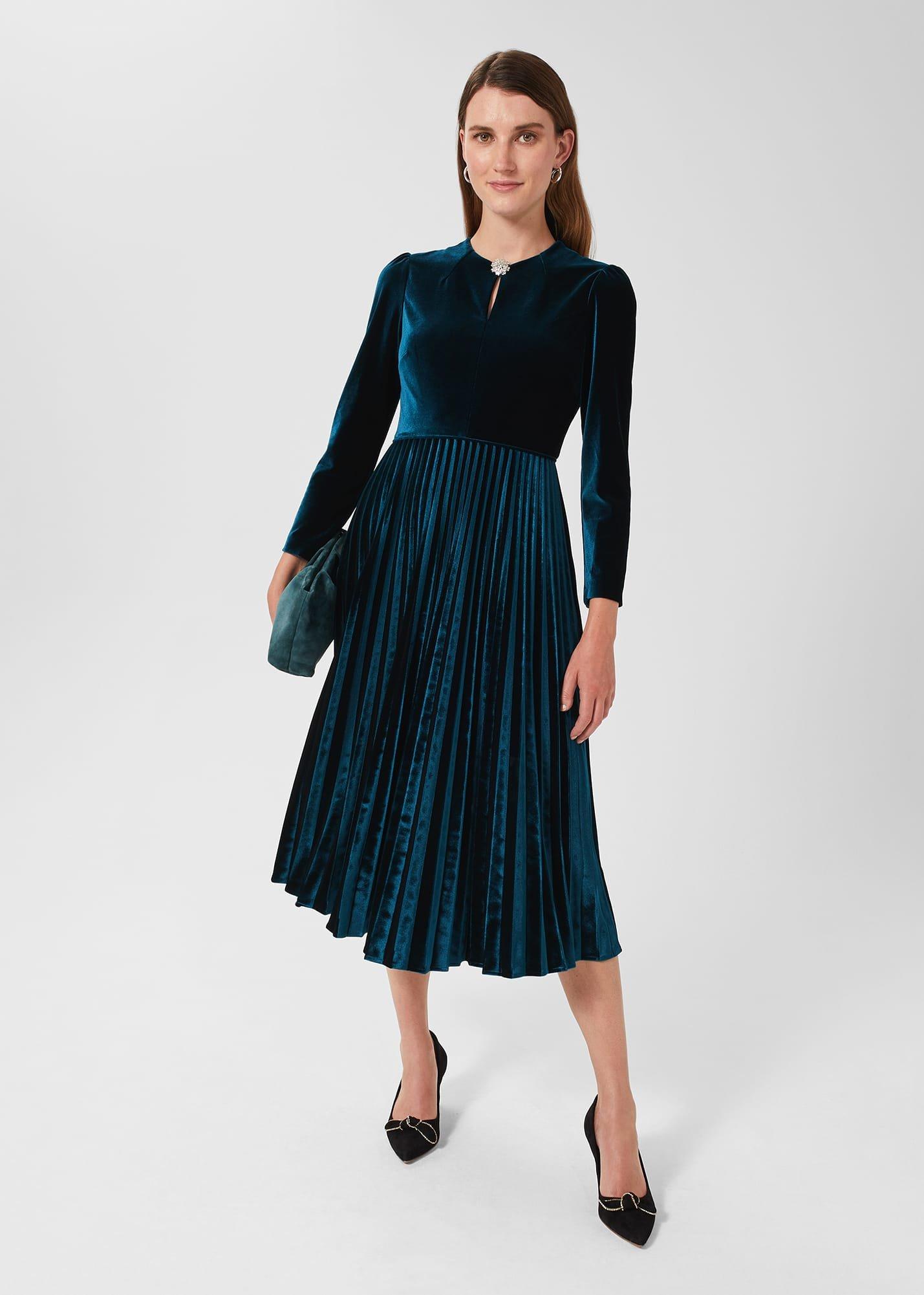 Rosalie Velvet Pleated Dress, Pine Green, hi-res
