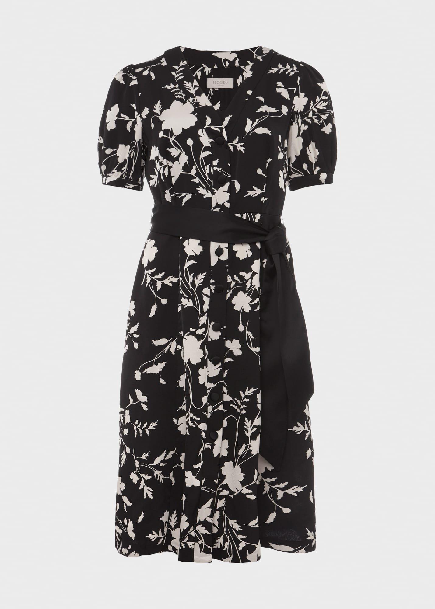 Indah Satin Floral Fit And Flare Dress, Black Cream, hi-res
