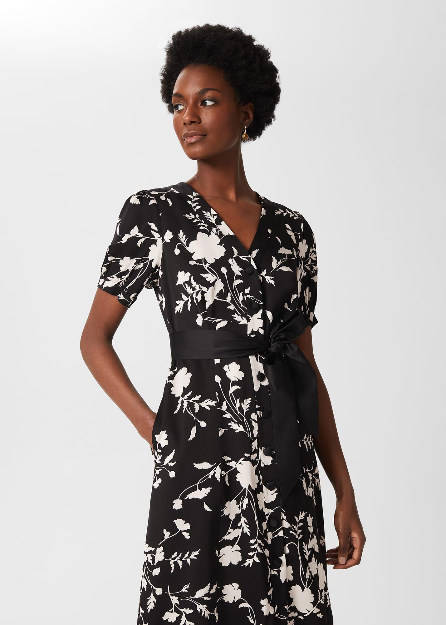 Indah Satin Floral Fit And Flare Dress, Black Cream, hi-res
