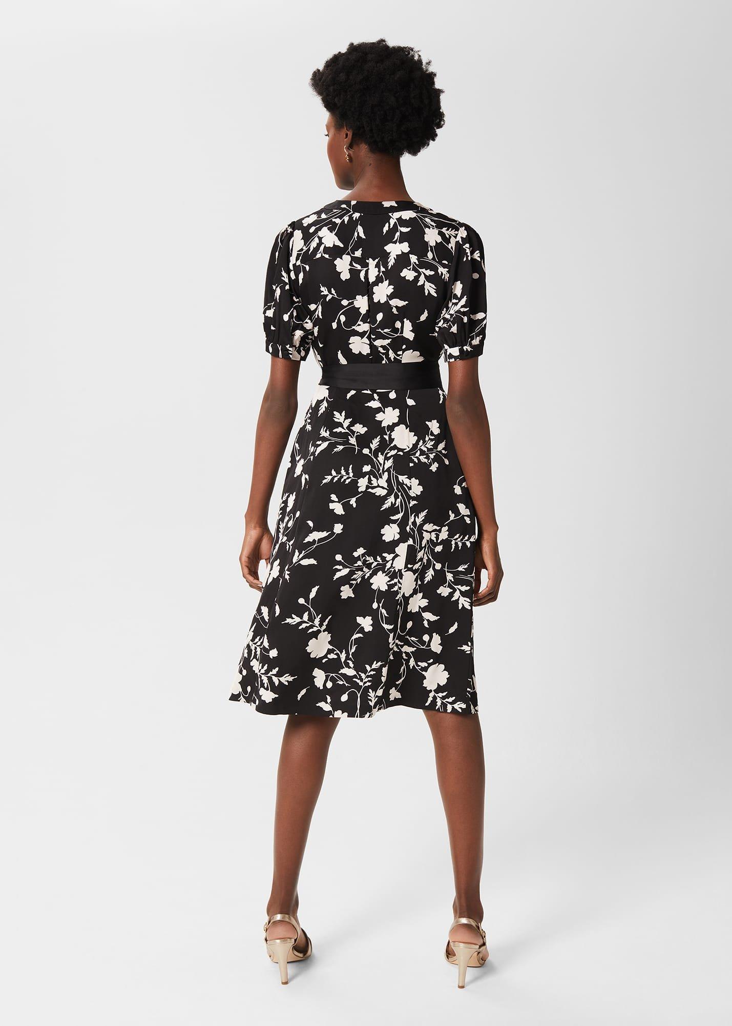 Indah Satin Floral Fit And Flare Dress, Black Cream, hi-res