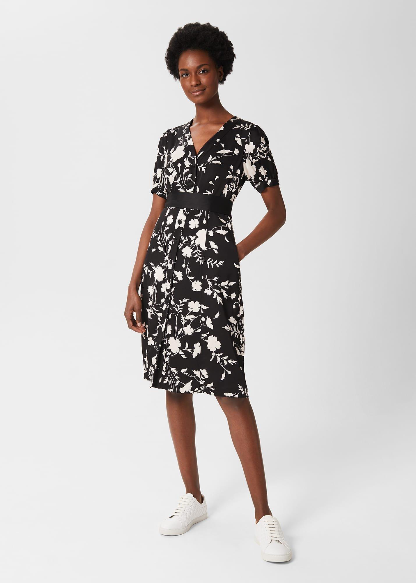 Indah Satin Floral Fit And Flare Dress, Black Cream, hi-res