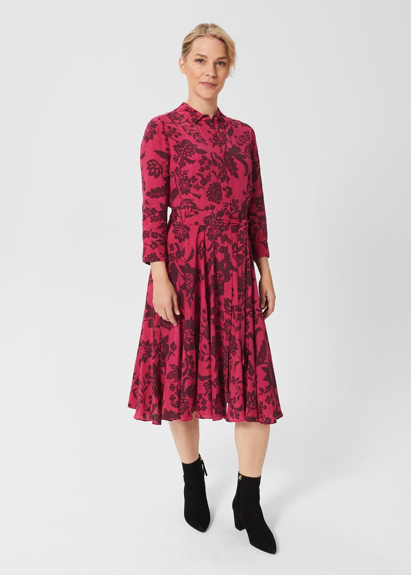 Petite Lainey Belted Fit And Flare Dress , Rich Berry Red, hi-res