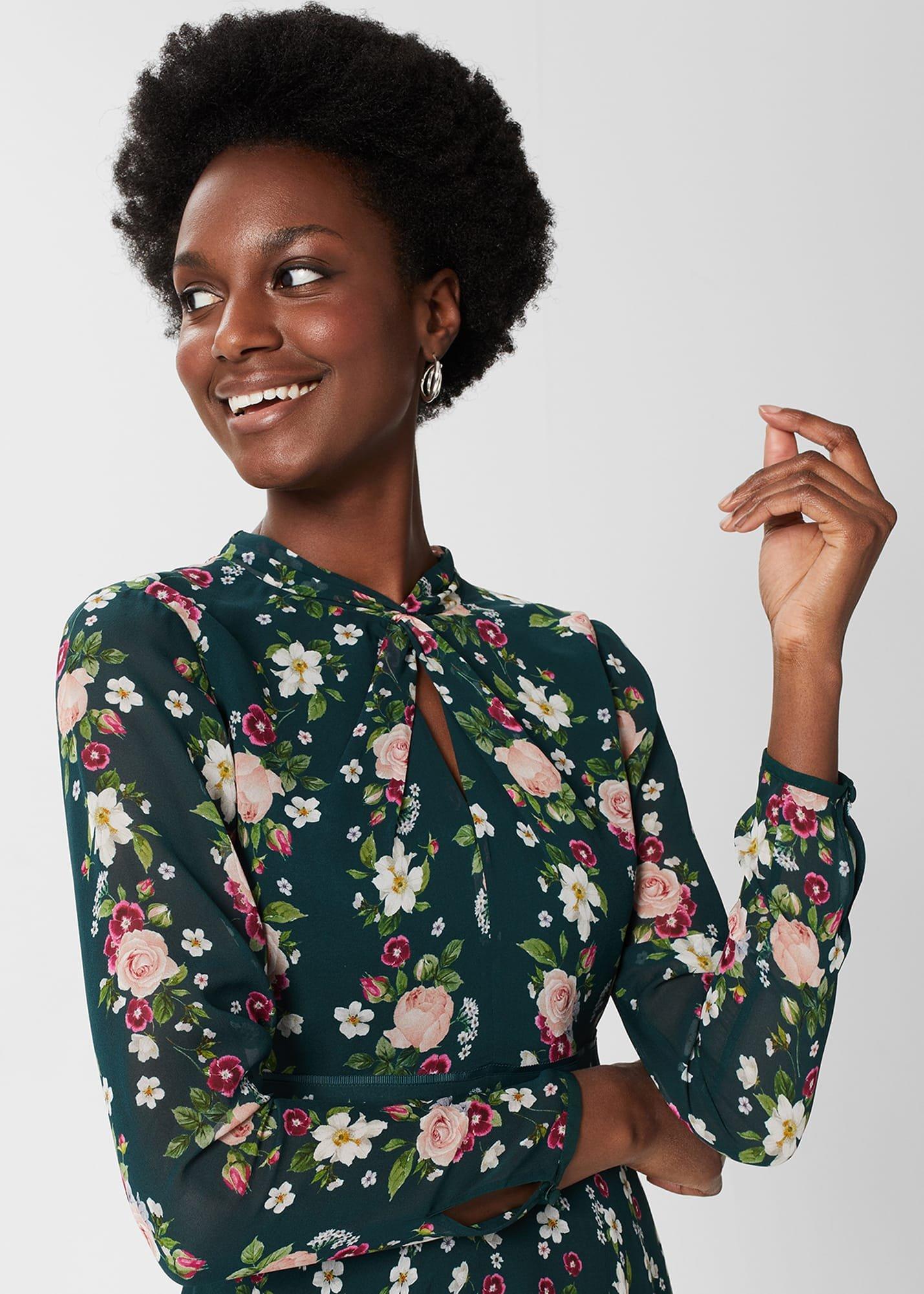 Helena Silk Floral Dress, Green Multi, hi-res