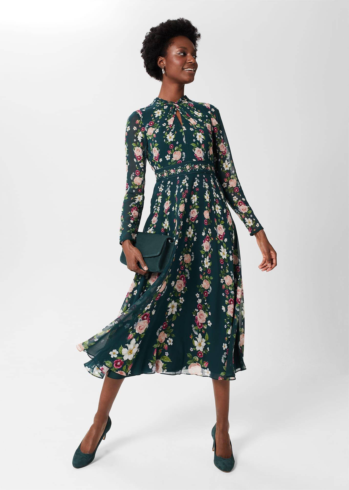 Helena Silk Floral Dress, Green Multi, hi-res