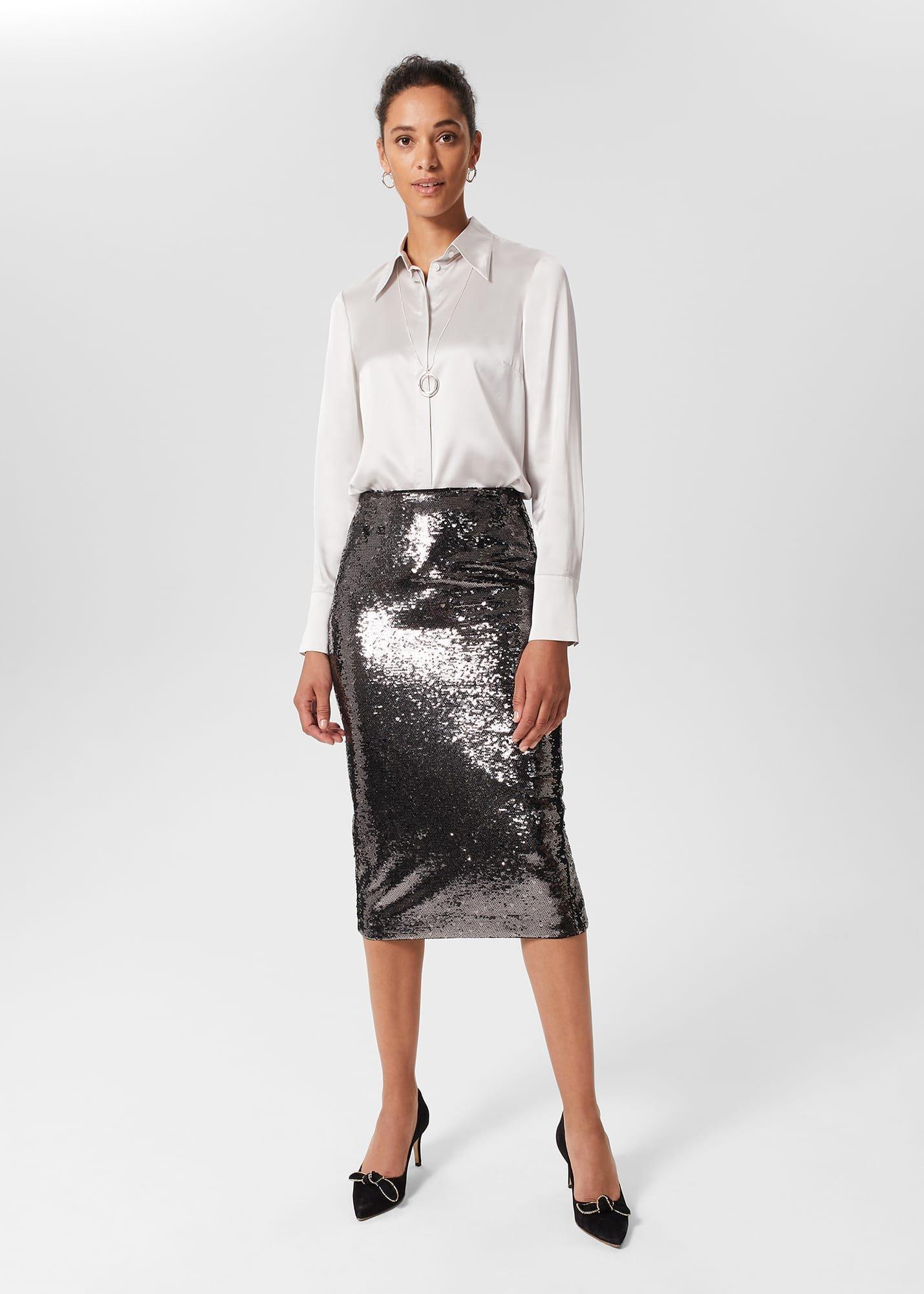 Genevieve Sequin Pencil Skirt, Silver, hi-res
