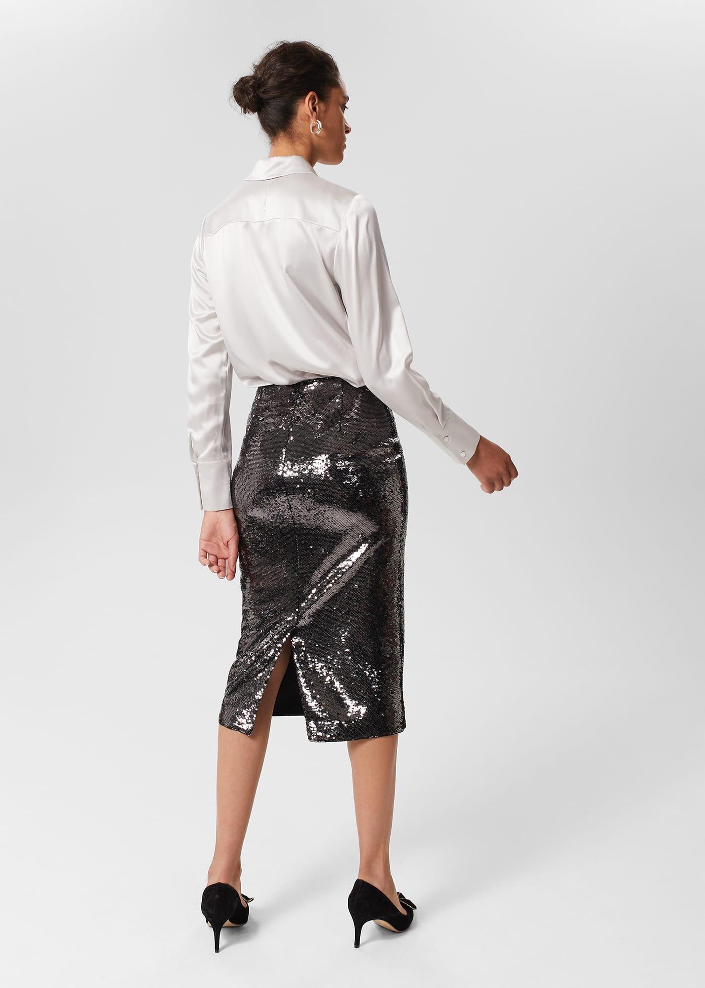 Genevieve Sequin Pencil Skirt, Silver, hi-res