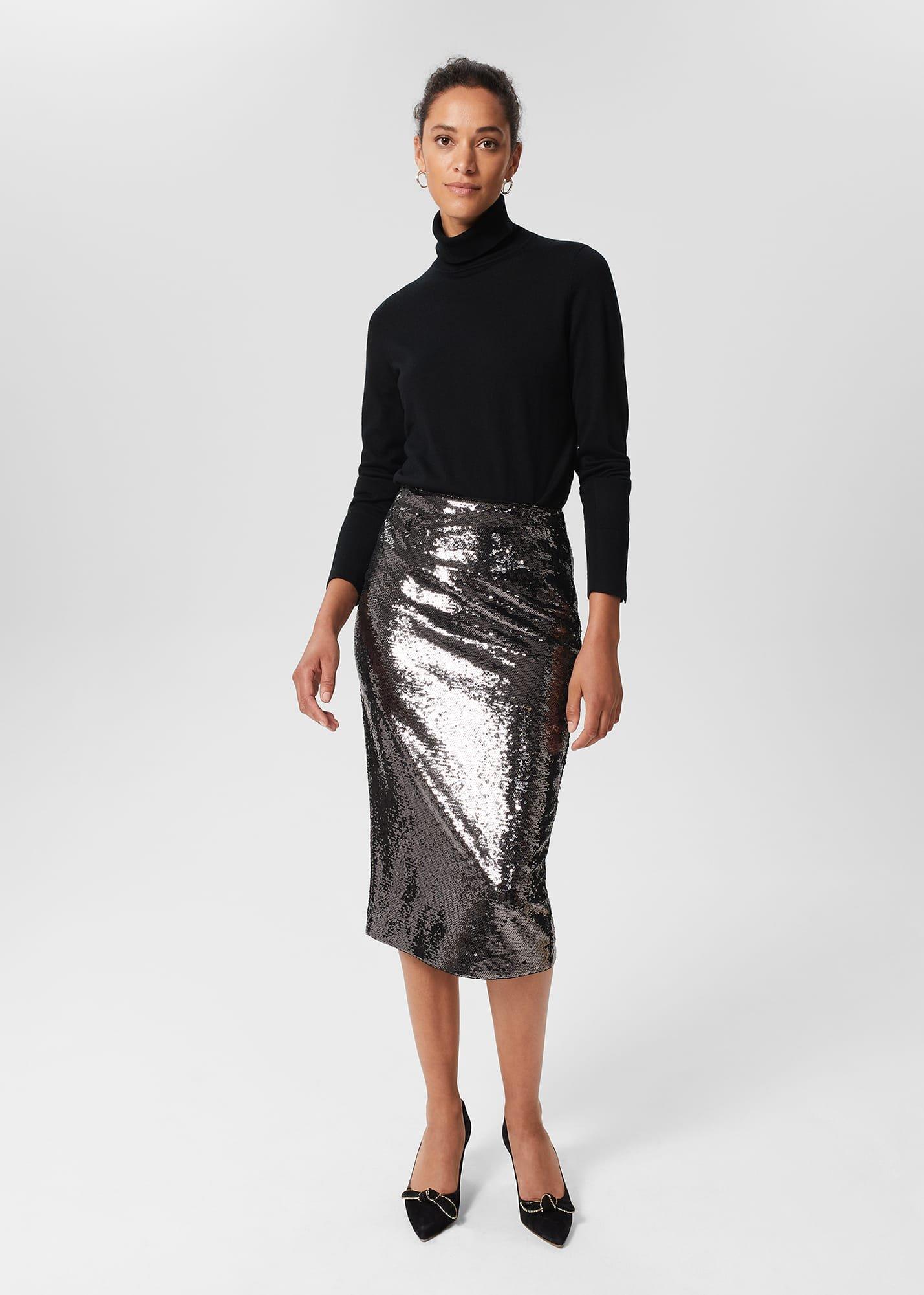 Genevieve Sequin Pencil Skirt, Silver, hi-res