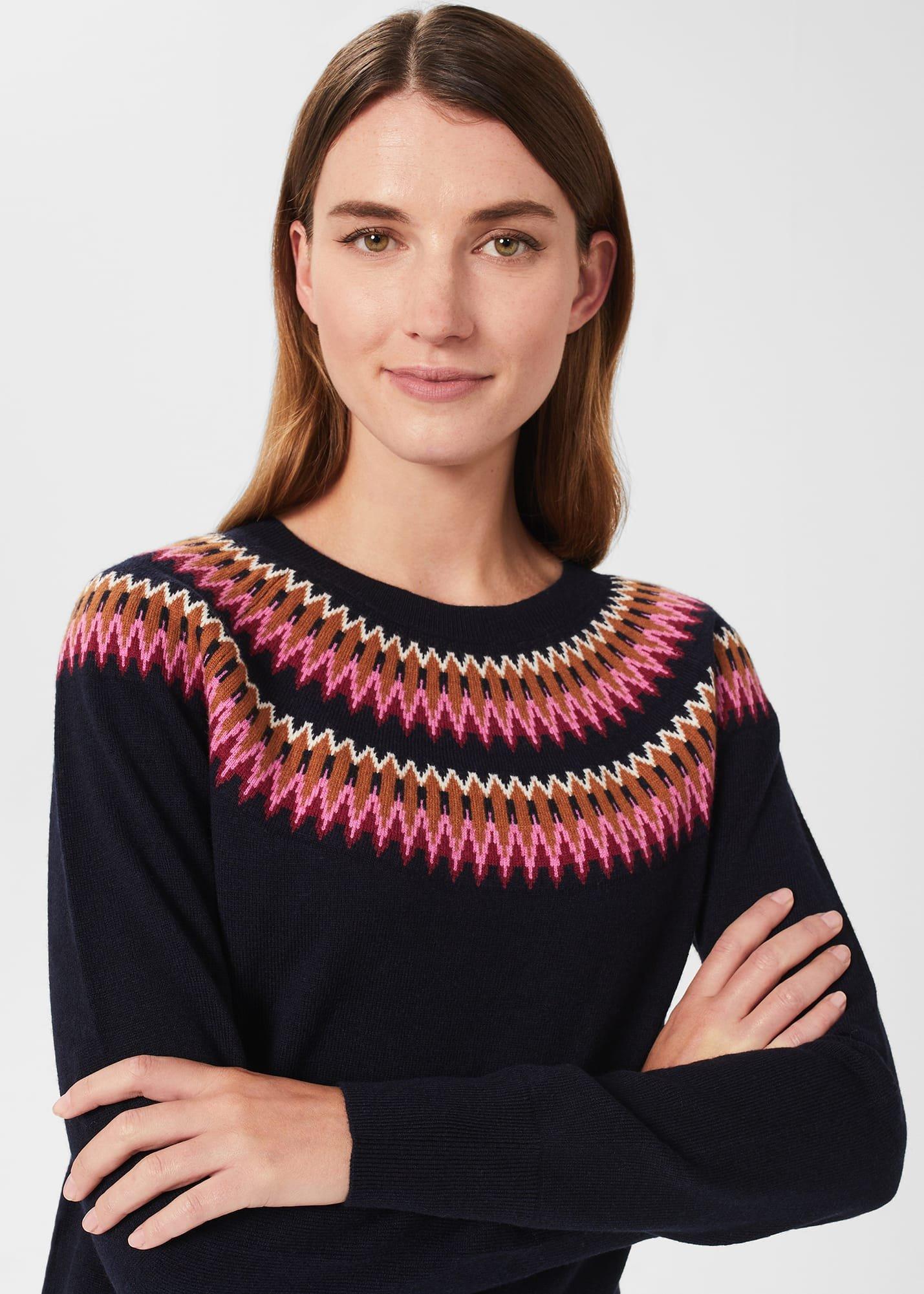 Greta Fairisle Sweater With Cashmere, Navy Pink, hi-res