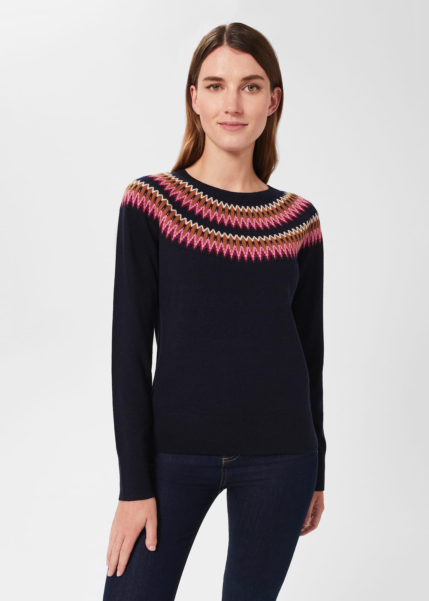 Greta Fairisle Sweater With Cashmere, Navy Pink, hi-res