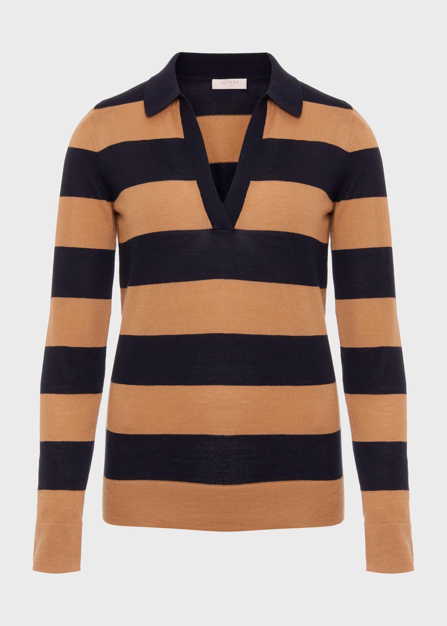 Alexis Merino Wool Stripe Polo Sweater, Navy Camel, hi-res