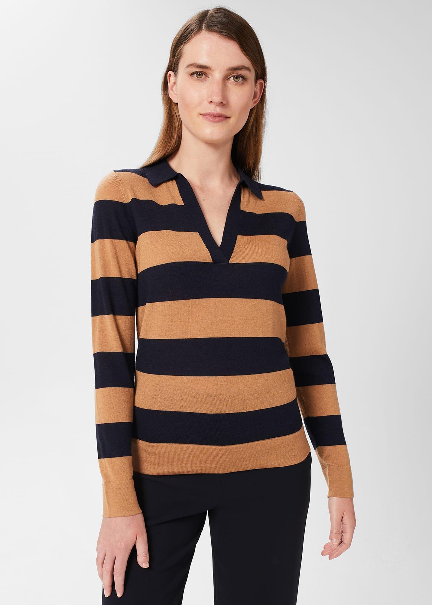 Alexis Merino Wool Stripe Polo Sweater, Navy Camel, hi-res