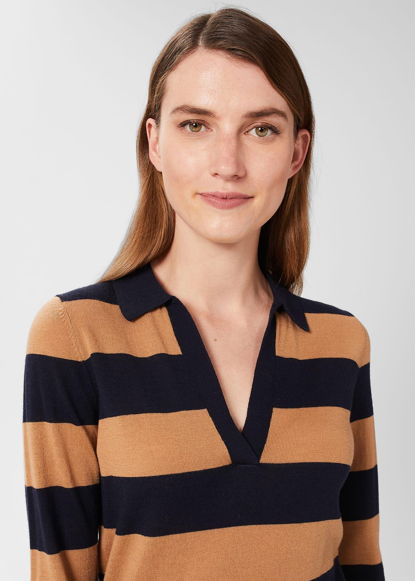Alexis Merino Wool Stripe Polo Sweater, Navy Camel, hi-res